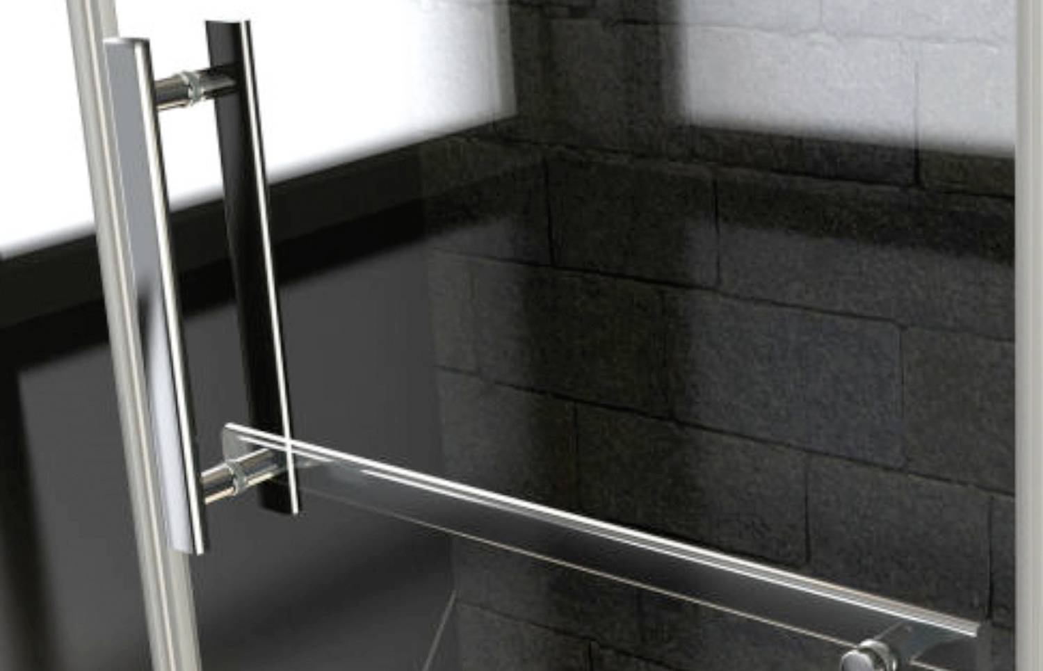 Eine Duschkabine mit gläserner Tür und metallischen Griffen vor einer dunkelgrauen Fliesenwand.