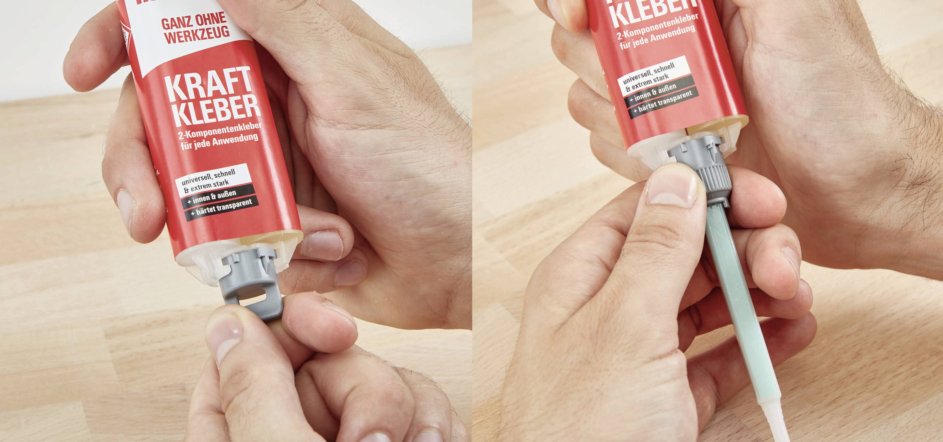 Jemand hält eine rote Tube Kraftkleber, öffnet die Kappe und befestigt eine Applikationsdüse.