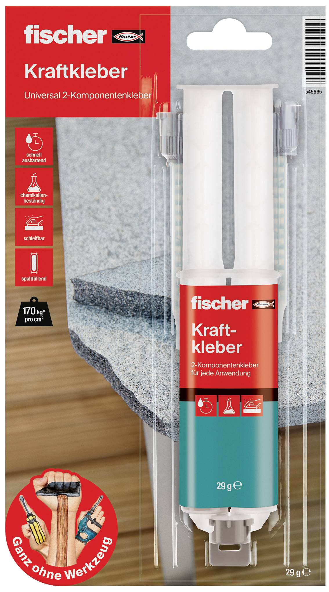 Verpackung eines Fischer Kraftklebers. Zwei-Komponenten-Kleber mit Bezeichnung 'Universalkleber'. Bild einer Hand hält zwei verbundene Teile.