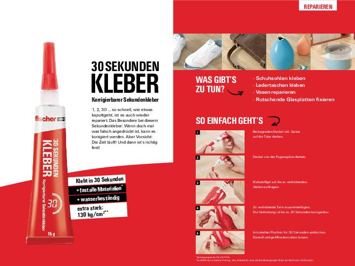 '30 Sekunden Kleber' Tube mit Anwendungsbeispielen: Schuhsohlen, Vasen reparieren, rutschende Glasplatten fixieren. Anwendungsanleitung rechts.