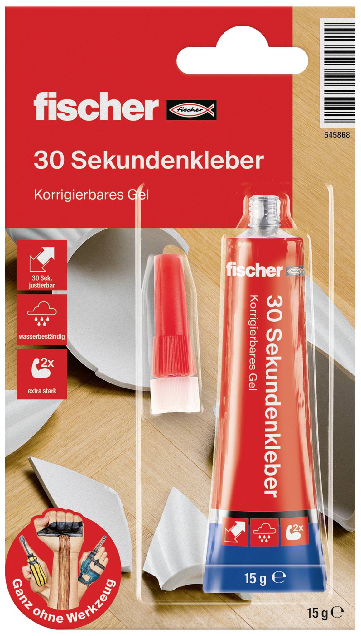 Verpackung eines 'fischer 30 Sekundenkleber' mit korrigierbarem Gel. Zeigt Tube, Auftragsdüse, Anwendungsbilder und Produktinformationen.