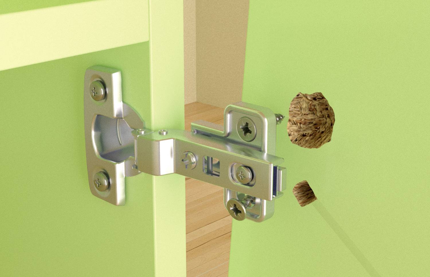 'Türscharniere werden in einem Holzschrank montiert, um Stabilität und Funktionalität zu gewährleisten.'