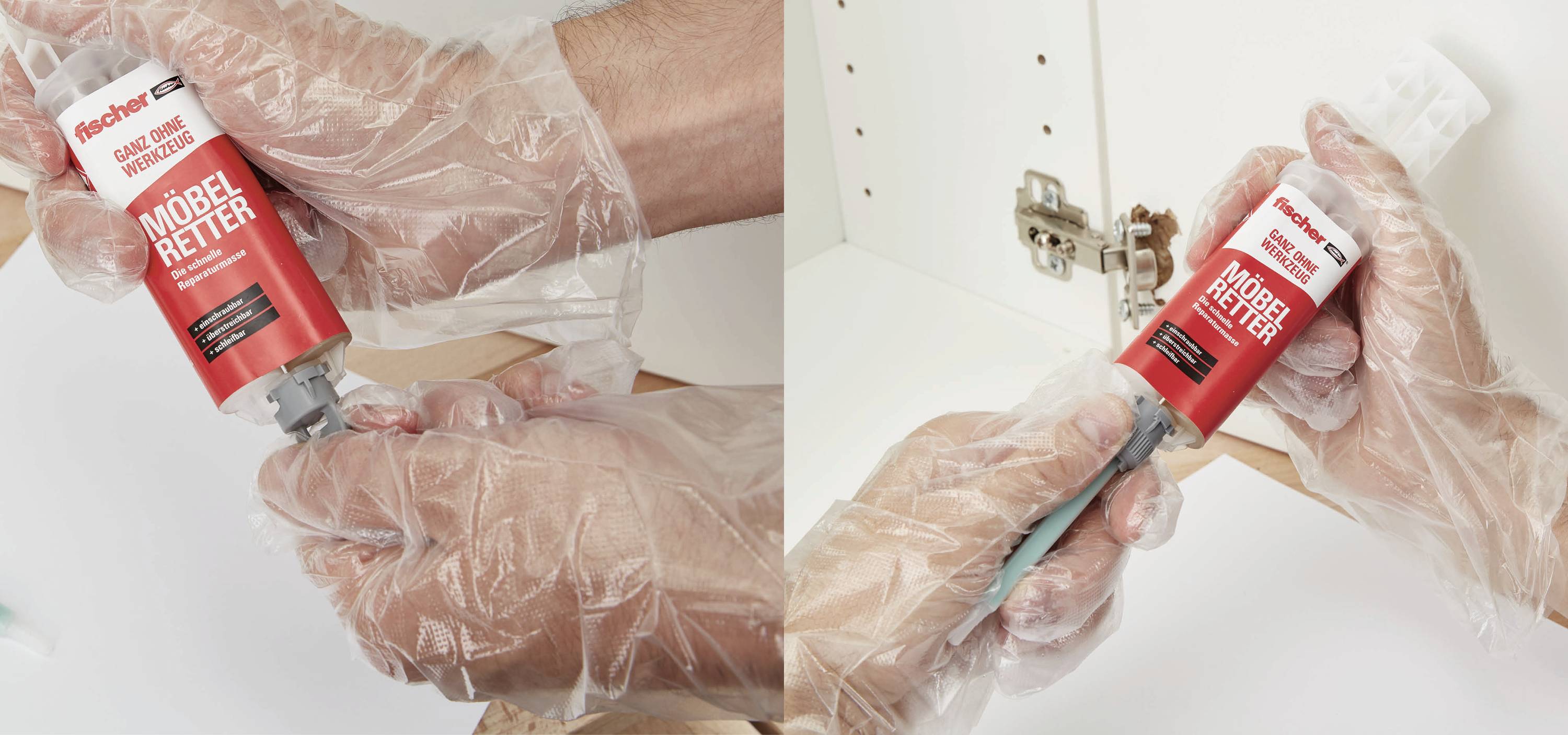 Eine Person trägt Handschuhe und benutzt ein Reparaturset, um Möbel zu reparieren. Das Bild zeigt zwei Schritte des Reparaturprozesses.