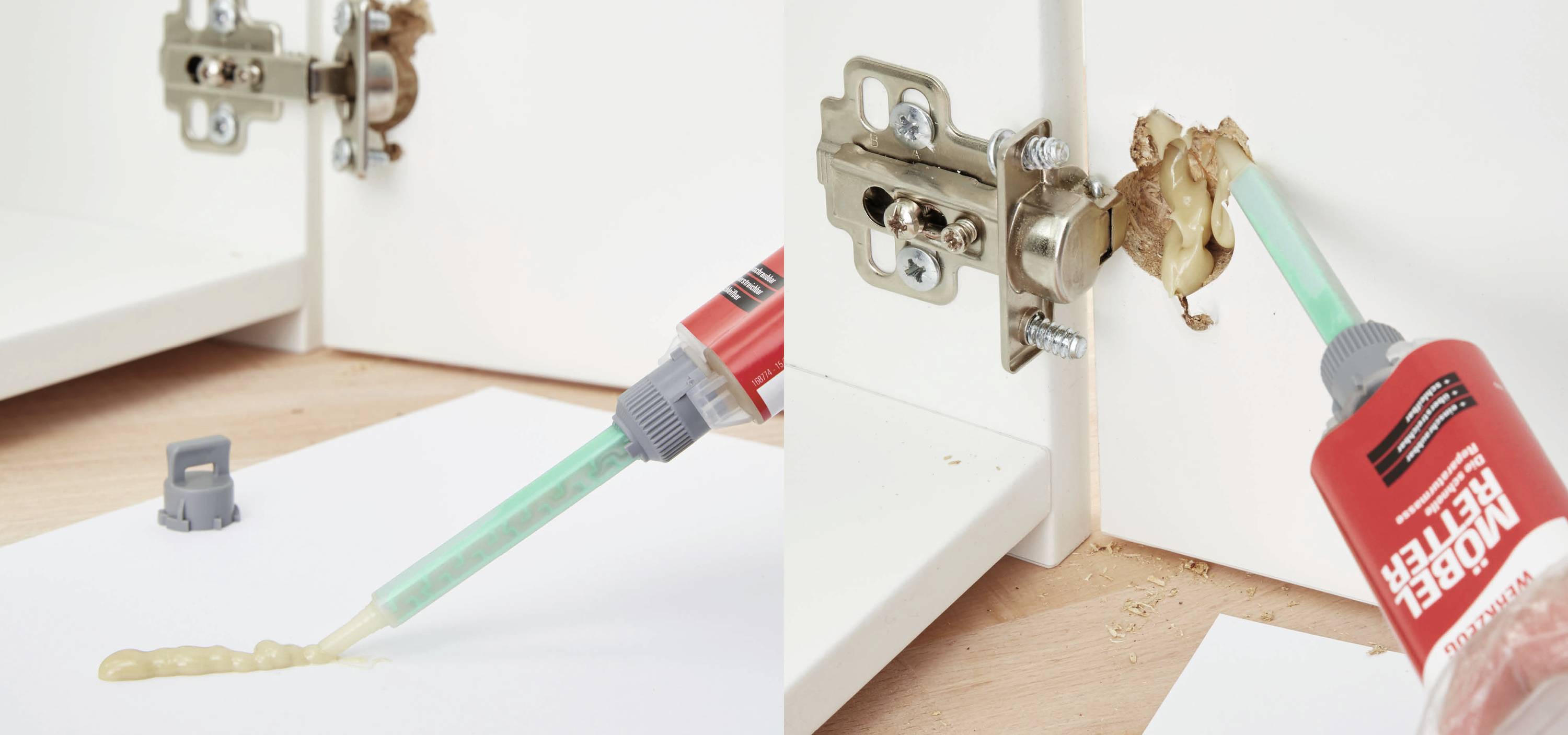 Zwei Bilder: Links wird Kleber auf eine Oberfläche aufgetragen, rechts wird ein Möbelbeschlag mit demselben Kleber repariert.