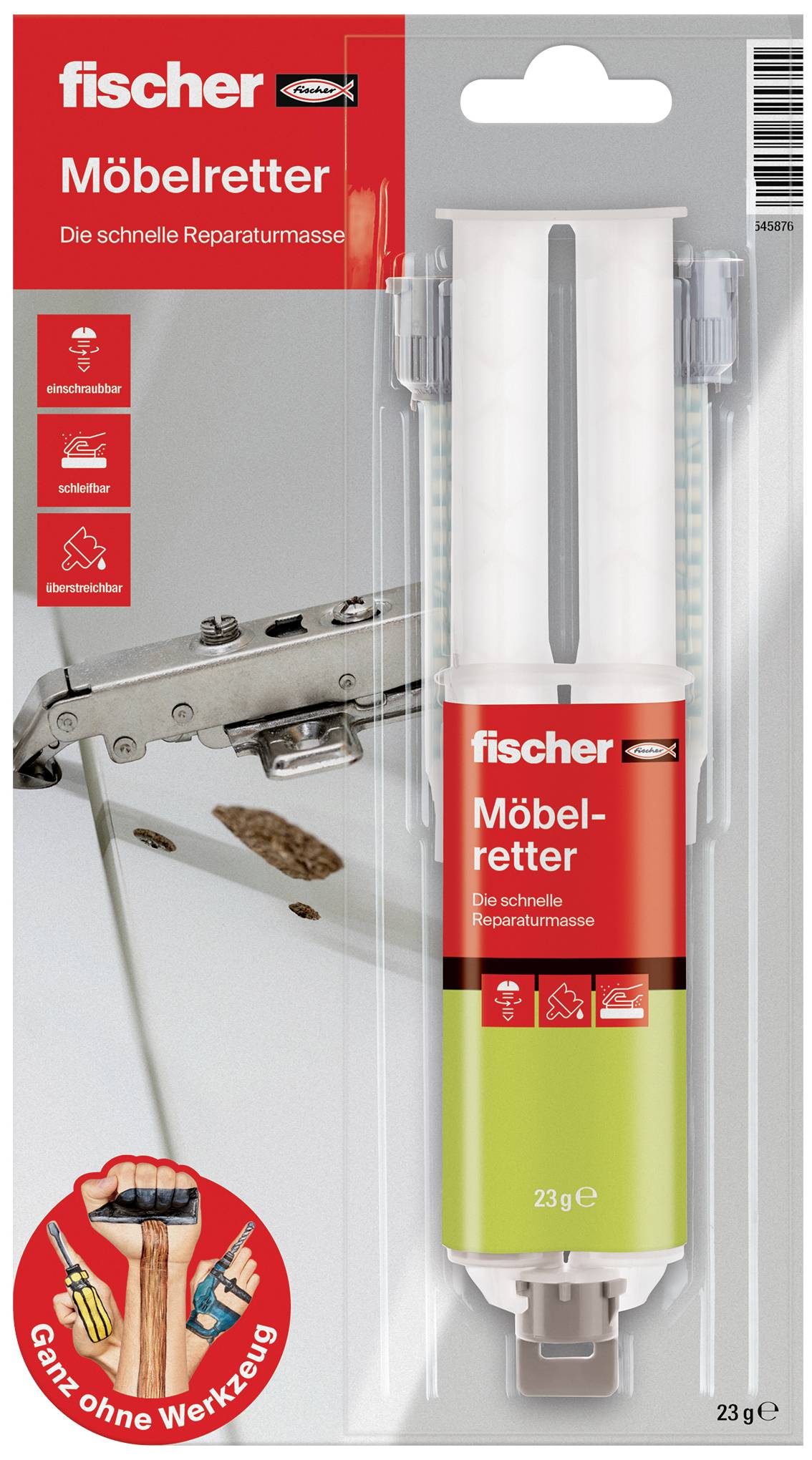 'Doppelkammerkartusche für Möbelreparaturmasse von Fischer. Verpackung zeigt Anwendungsbeispiele und Details zur schnellen Reparatur.'