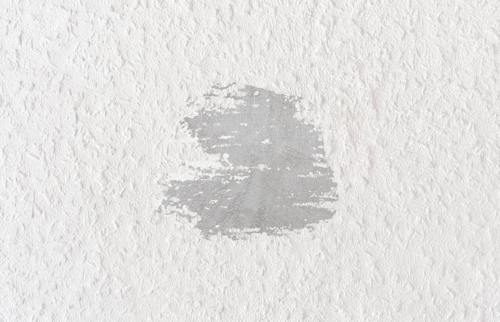 Beschädigte weiße Wand mit einem Bereich, der grau gestrichen ist. Das Grau zeigt einen unvollständigen Anstrich oder Fleck.