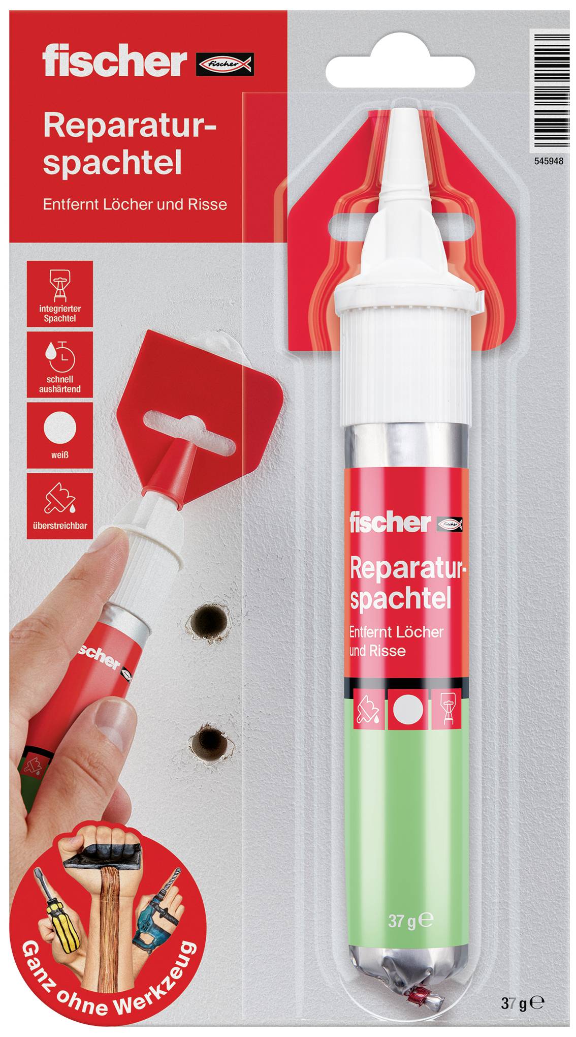 'Fischer Reparaturspachtel' in Tube mit rotem Spachtel, ideal zum Füllen von Löchern und Rissen, ohne zusätzliches Werkzeug.