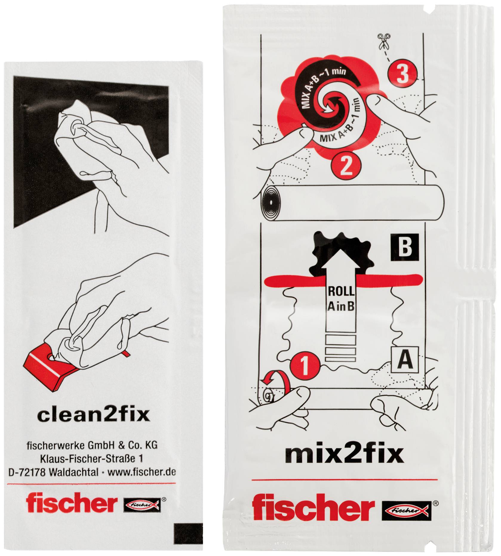 'Clean2fix' und 'Mix2fix' von fischer: Zwei Schritt-für-Schritt-Anleitungen zur Befestigung, mit Illustrationen und Kontaktinformation.