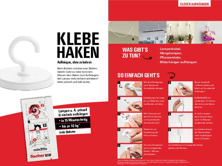 Klebehaken-Werbung mit Anleitung zur Befestigung. Hauptfunktionen: Lampen, Bilderrahmen und Dekorationen aufhängen ohne Bohren.