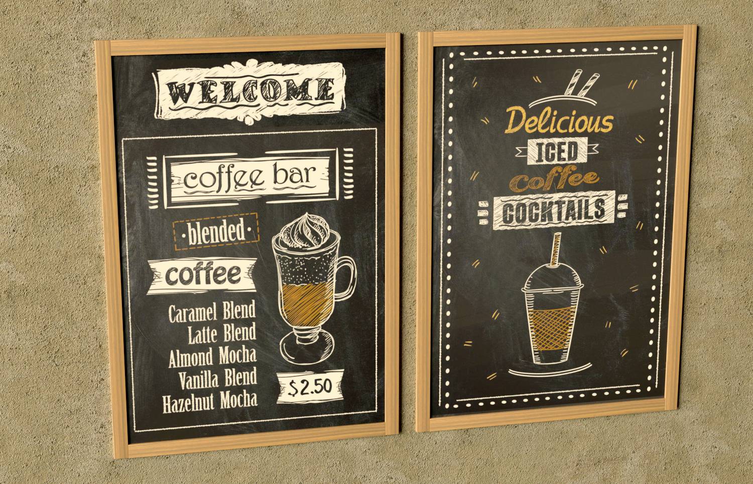 Zwei Tafeln mit Kaffeeangeboten: Links, 'Welcome, coffee bar', Optionen wie Karamell und Latte. Rechts, 'Delicious iced coffee cocktails'.