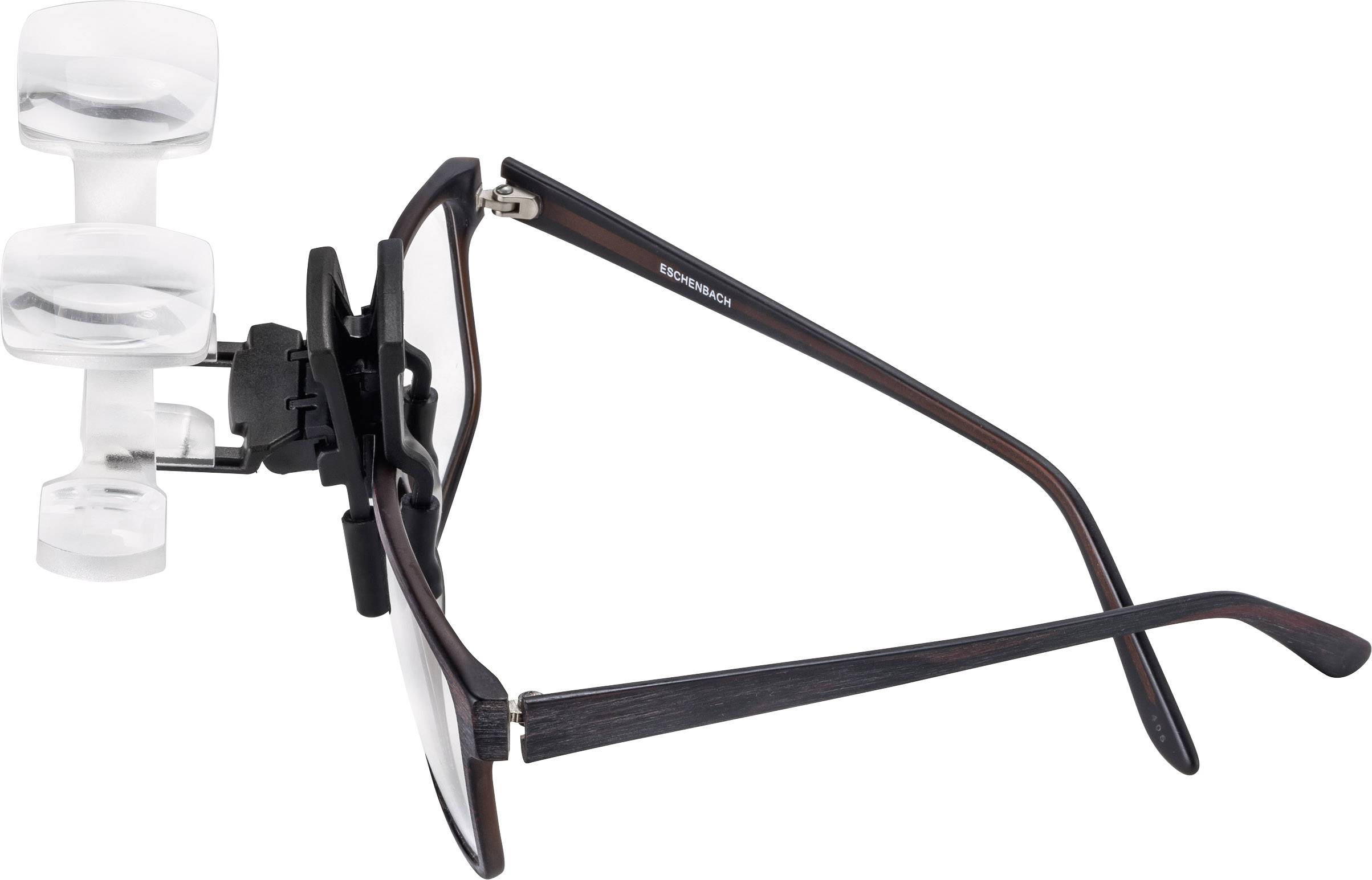 Brille mit seitlich angebrachter Lupe, geeignet für präzise Arbeiten wie Modellbau oder Handwerk.