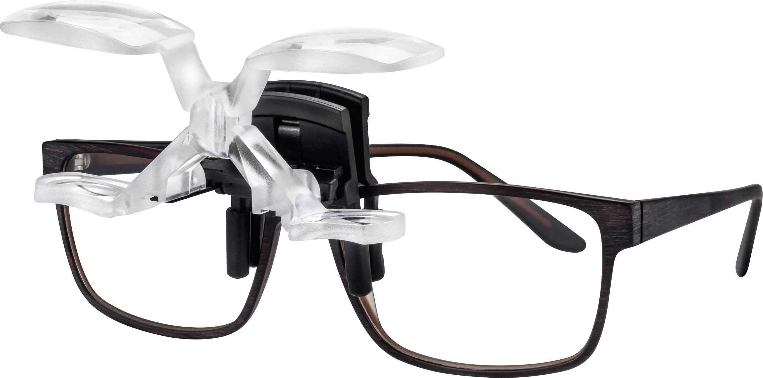 Eine Brille mit aufsteckbarem Vergrößerungslinsensystem, geeignet für feinmechanische Arbeiten oder Lesen von kleinen Texten.
