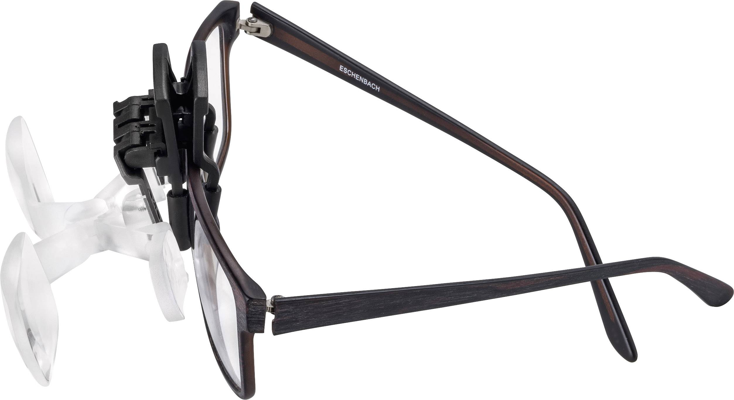 Brille mit spezieller Lupe an der rechten Seite, zur genauen Betrachtung kleiner Objekte oder zur Unterstützung beim Lesen.