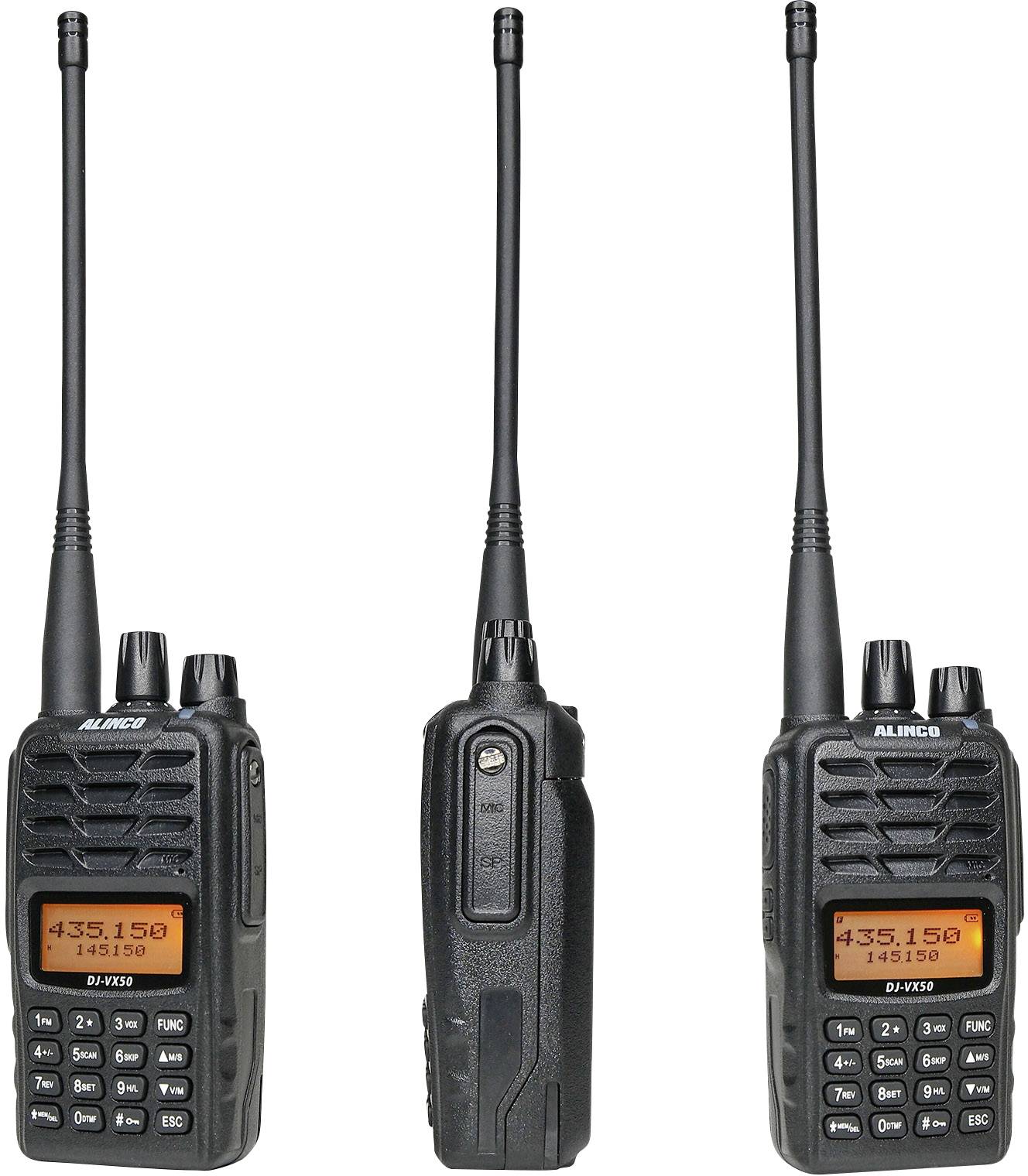 Drei schwarze Funkgeräte von Alinco, Modell DJ-MD5, mit Tastenfeld und Display, das 435.150 MHz anzeigt. Geräte in Vorder- und Seitenansicht.