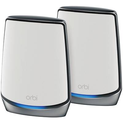 Zwei weiße, moderne Router mit schwarzem Rand und blauer LED-Lichtleiste unten. Markierung 'orbi'.