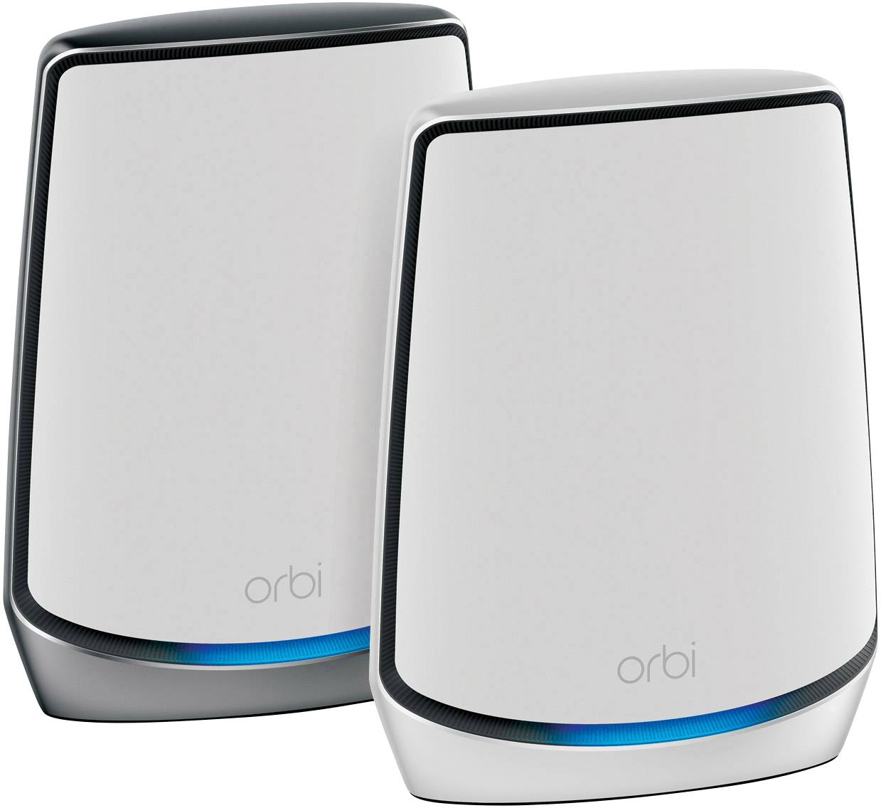 Zwei weiße, moderne Router mit blauer LED-Anzeige unten, nebeneinander stehend. Text 'orbi' auf der Vorderseite.