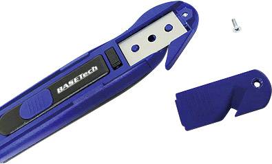 Blauer Sicherheitskartonöffner mit einer austauschbaren Klinge und abnehmbarem Schutz. Eine Schraube liegt daneben.