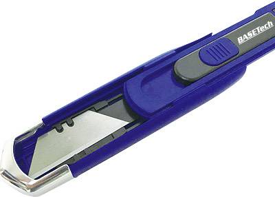 Ein blauer Cutter mit ausfahrbarer Klinge und Kunststoffgriff, daneben der Markenname 'BASETech'.