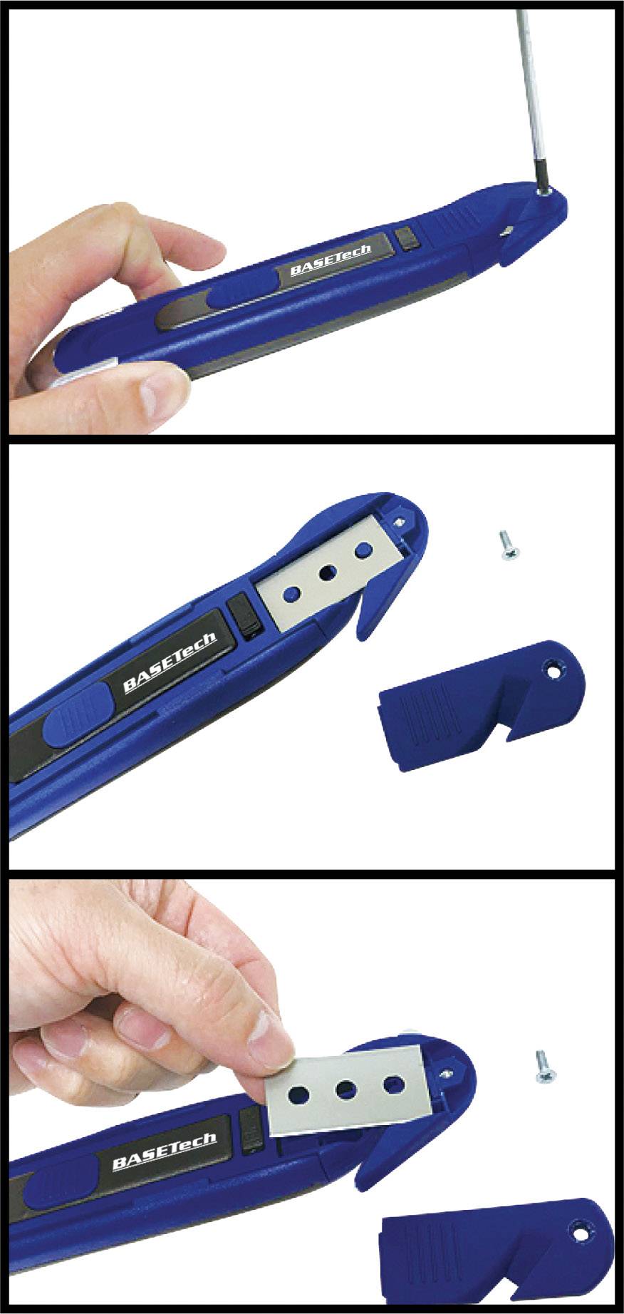 Eine Hand hält ein blaues Schneidwerkzeug mit auswechselbarer Klinge. Es zeigt, wie die Klinge entfernt und ersetzt wird, mit Schraube daneben.
