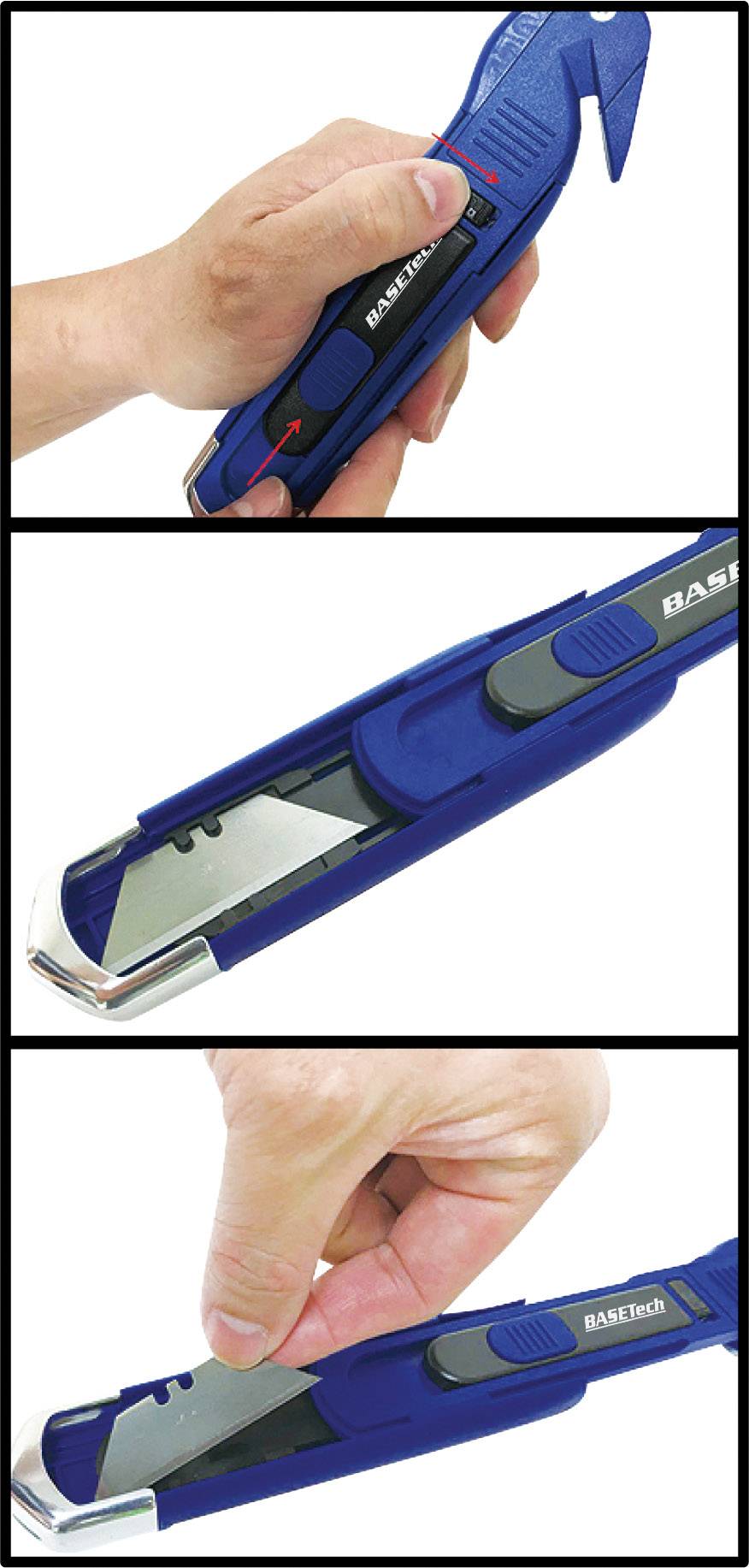 'Drei Bilder eines blauen Sicherheitsmessers. Erstes Bild zeigt Messer in Hand, Pfeile zur Bedienung erklären. Zweites Bild zeigt Klinge in Nahaufnahme. Drittes Bild zeigt Hand beim Einziehen der Klinge.'