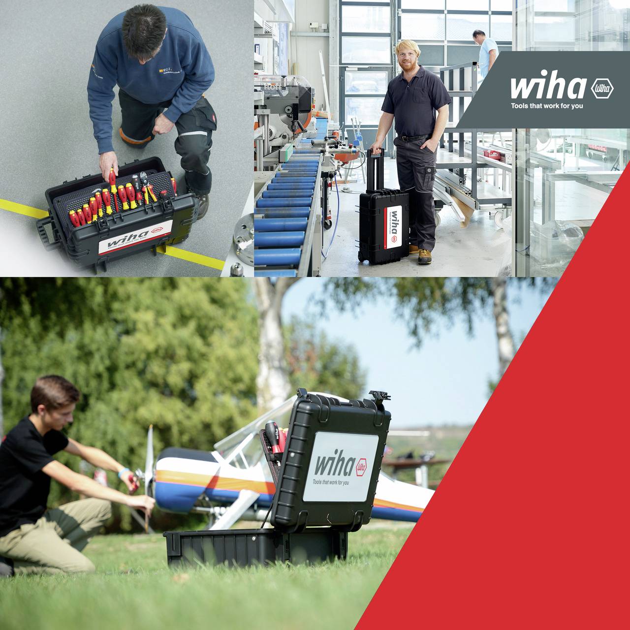 Eine Collage zeigt Menschen, die Wiha-Werkzeuge bei verschiedenen Arbeiten verwenden: in einer Werkstatt, bei einer Modellbauarbeit im Freien und in einer Fabrikumgebung. Im Hintergrund ist das Wiha-Logo sichtbar.