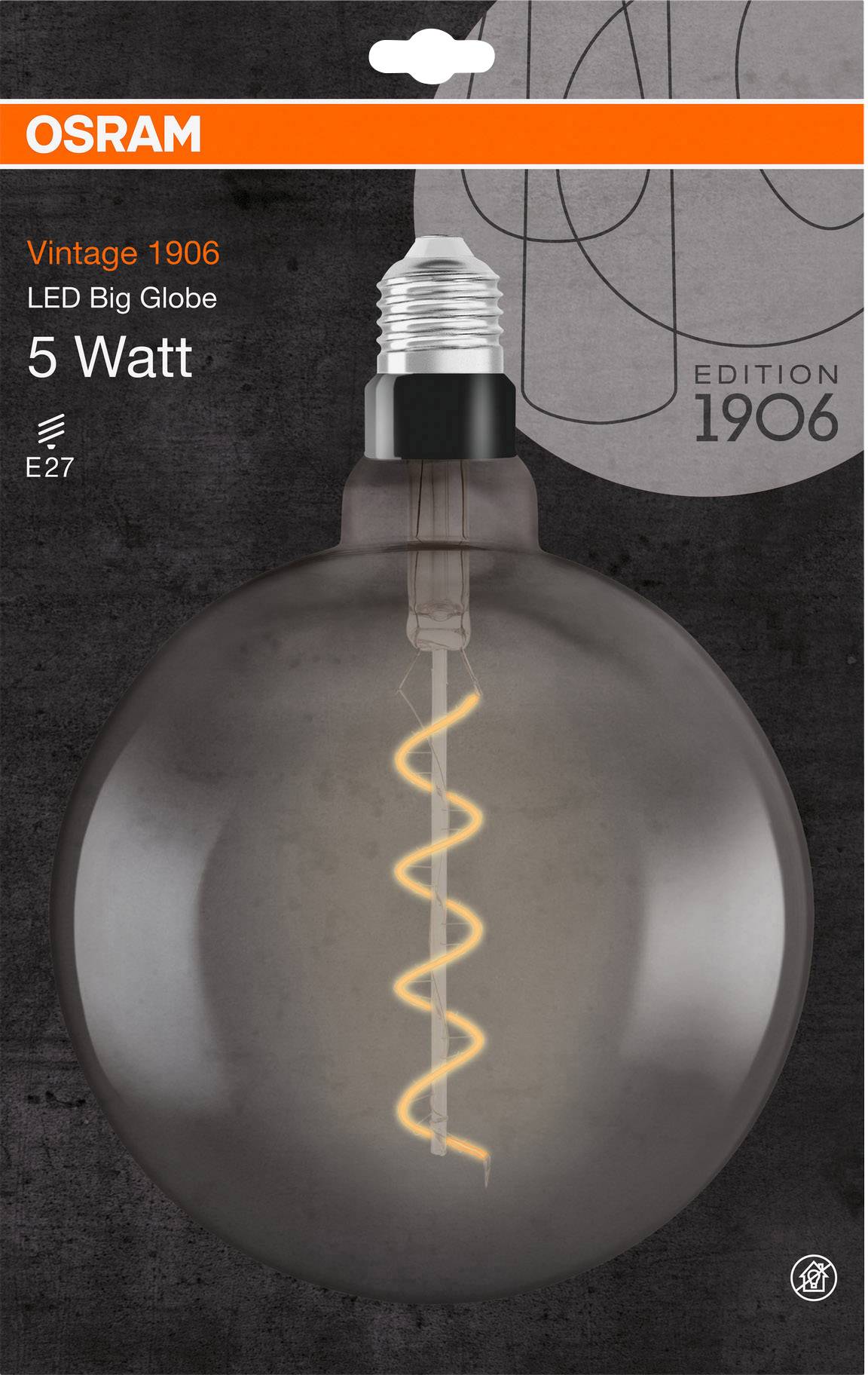 'Osram Vintage 1906 LED Big Globe', 5 Watt Glühbirne, E27 Sockel, Spiralfaden-Design auf schwarzem Hintergrund, abgebildet in Verpackung.