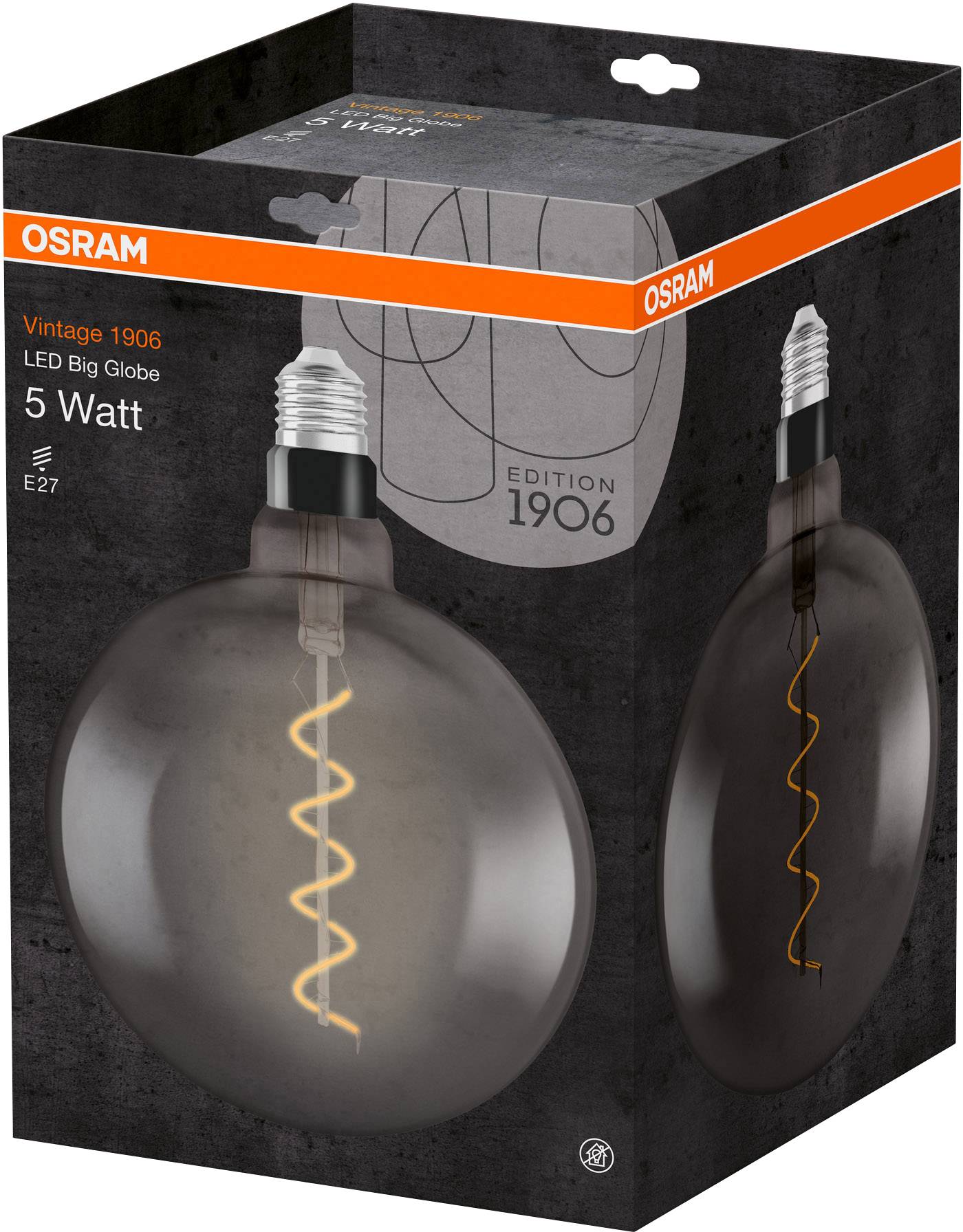 Die Verpackung zeigt eine OSRAM Vintage 1906 LED Big Globe Glühbirne, 5 Watt. Retro-Design mit sichtbarem Glühfaden. E27 Sockel.