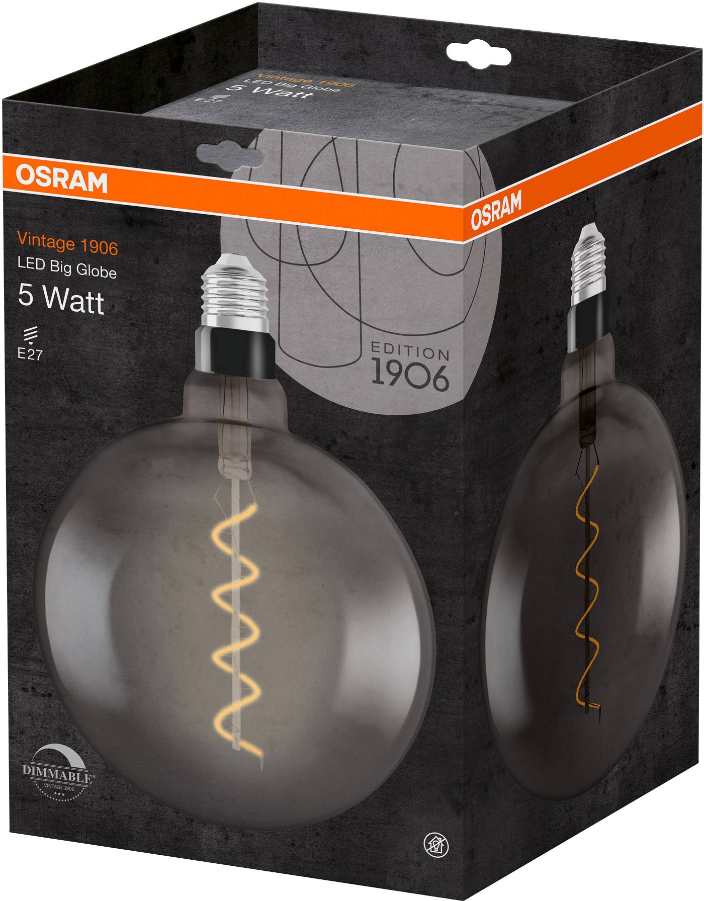 Verpackung einer OSRAM Vintage 1906 LED Big Globe Glühlampe, 5 Watt, mit E27-Sockel, zeigt eine große, spiralförmige Glühbirne.