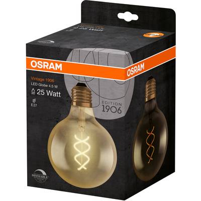 Osram LED-Glühlampenverpackung, Vintage 1906 Edition, 4,5 W, E27 Fassung. Bild zeigt eine dekorative Filament-Glühbirne.