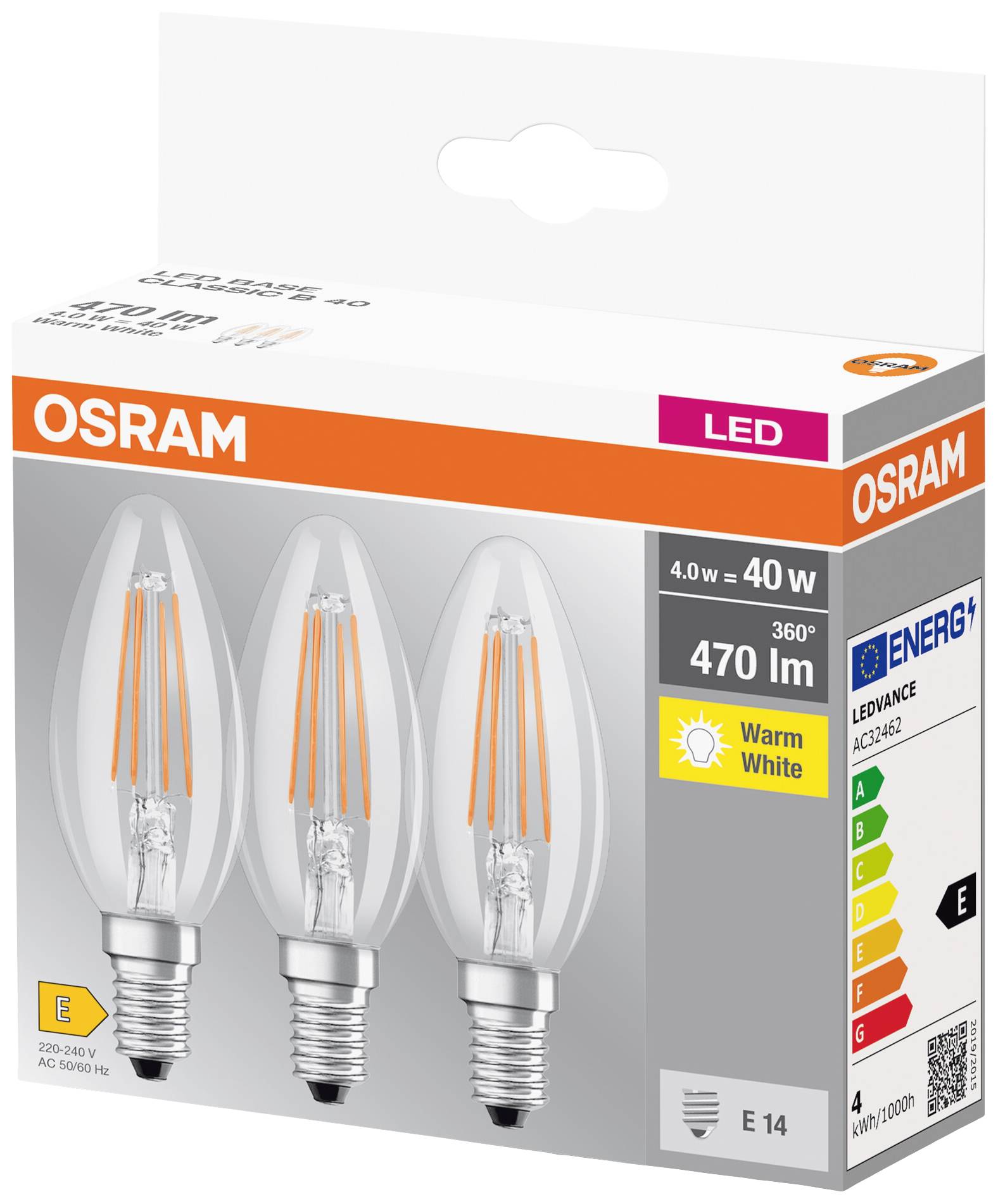 Verpackung mit drei LED-Glühbirnen von OSRAM, 4,0W entspricht 40W, 470 Lumen, Warmweiß, Energieeffizienzklasse E, E14-Fassung.