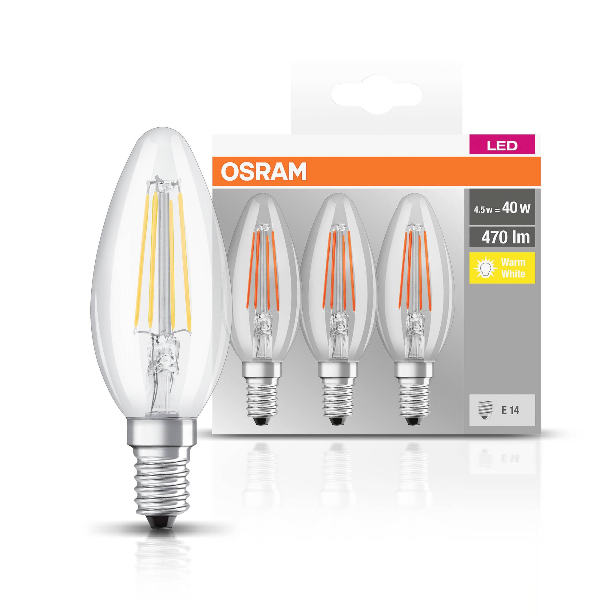 Eine LED-Glühbirne und ihre Verpackung. Die Verpackung zeigt: 'OSRAM', 4,5W, 40W, 470 lm, Warmweiß, E14. Drei Glühbirnen sind abgebildet.