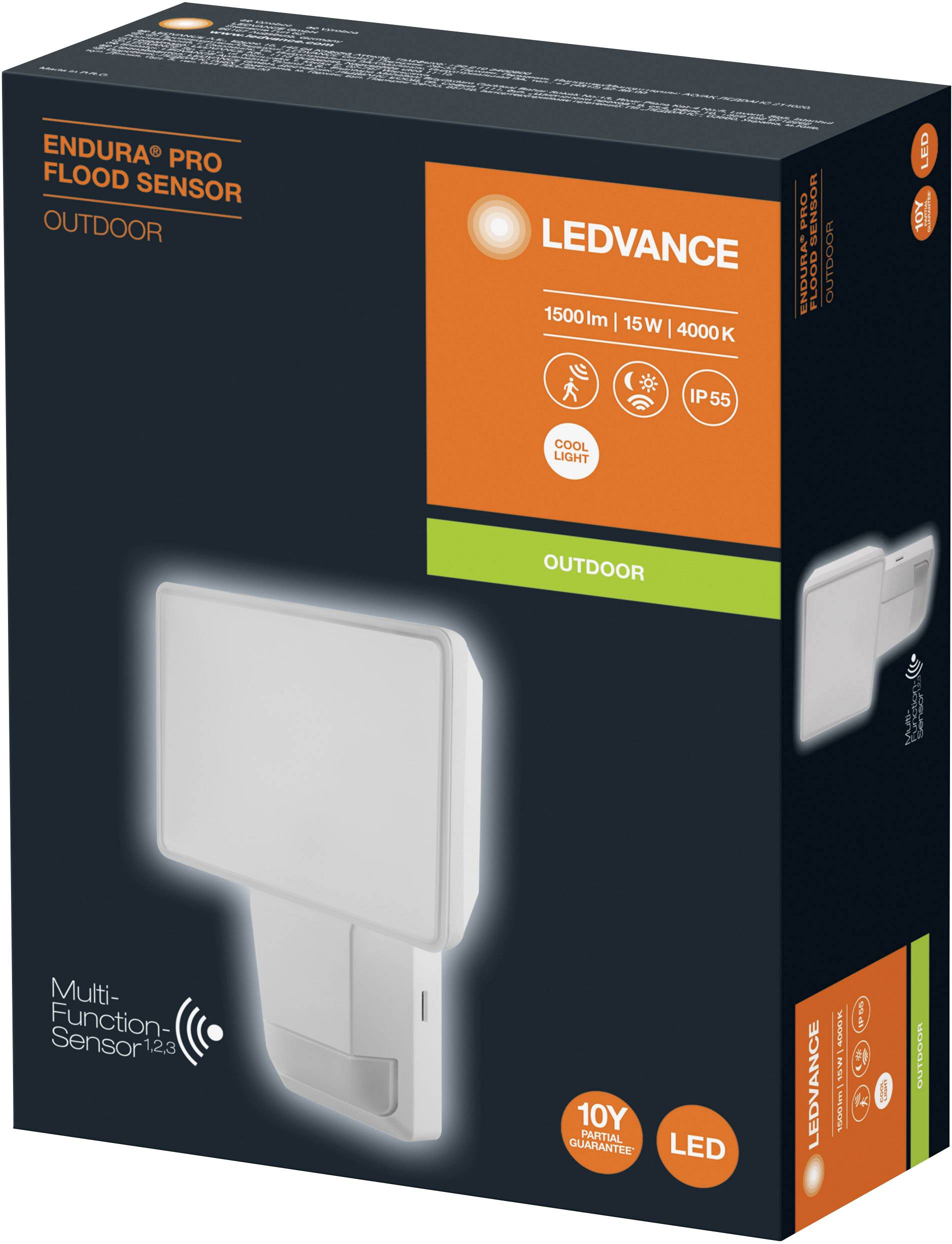 Außenbeleuchtung von Ledvance, 'Endura Pro Flood Sensor'. 1500 Lumen, 15 Watt, 4000K. Geeignet für Außenbereich, IP55, LED-Technologie.
