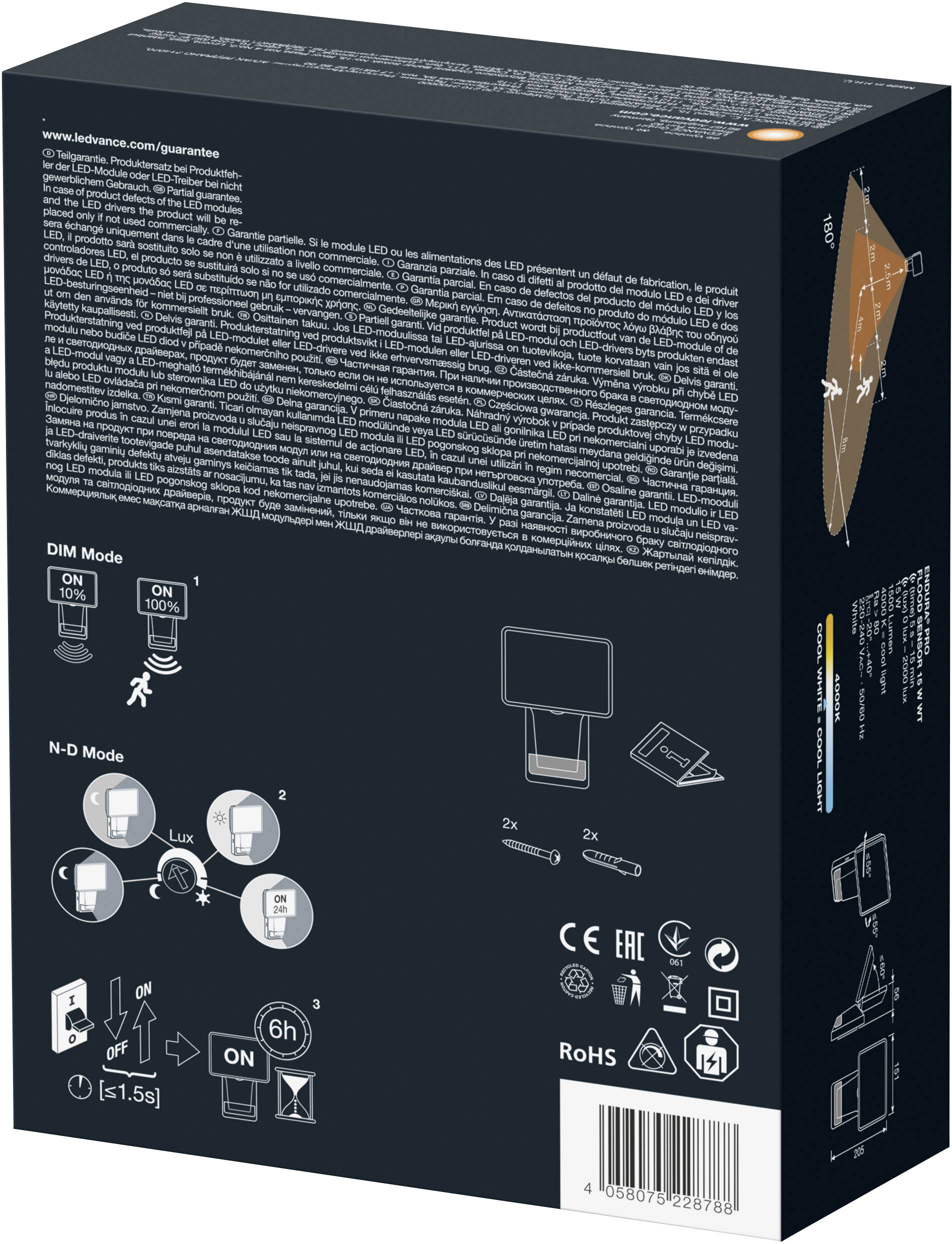 Schwarze Verpackung einer LED-Lampe mit technischen Details, Diagrammen zur Installation und Nutzungshinweisen in mehreren Sprachen.