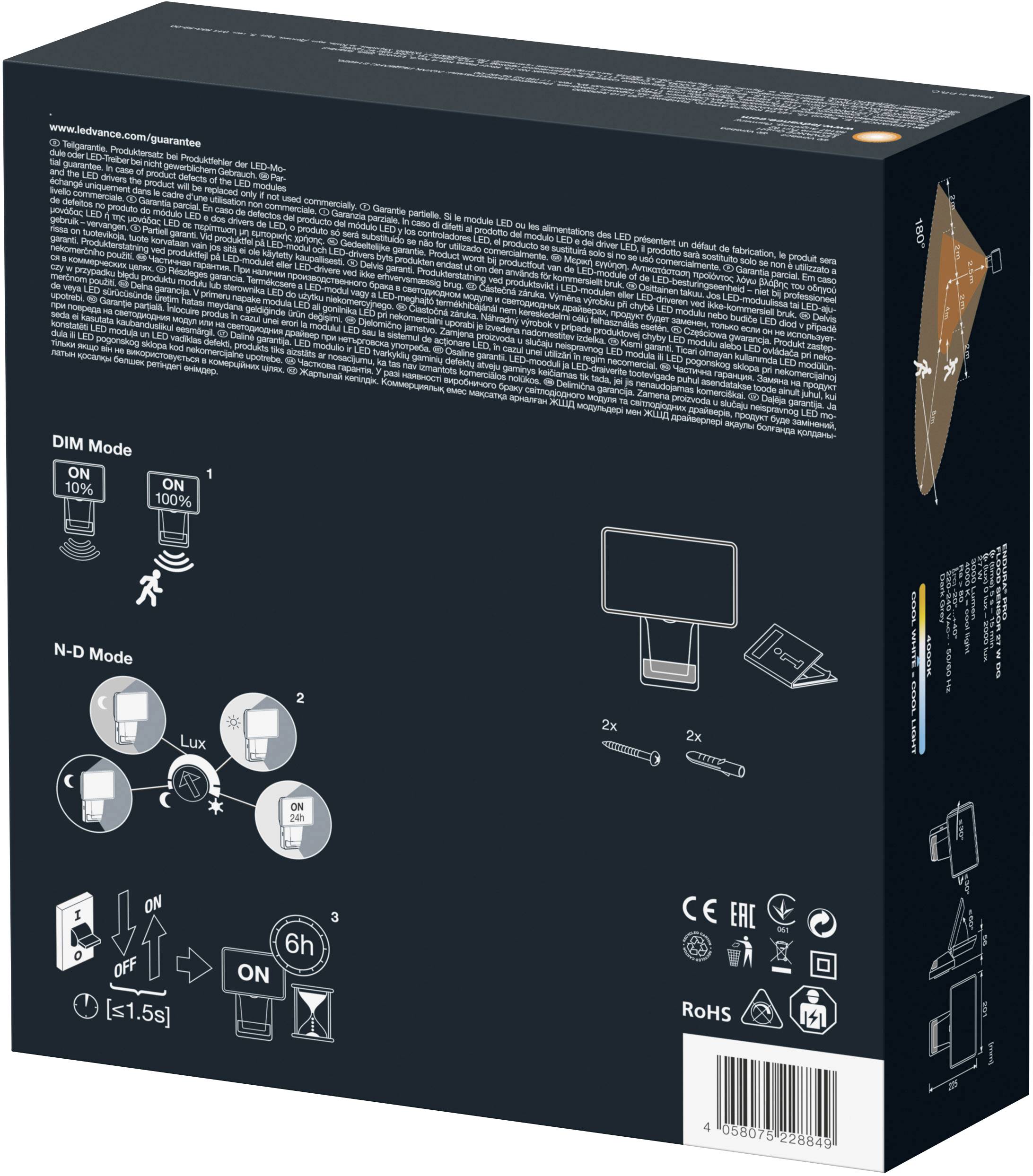 Eine Packung einer Schreibtischlampe mit Anleitungen: Moduswechsel durch Bewegung, Zeitsteuerung, Energieeffizienzsymbole.