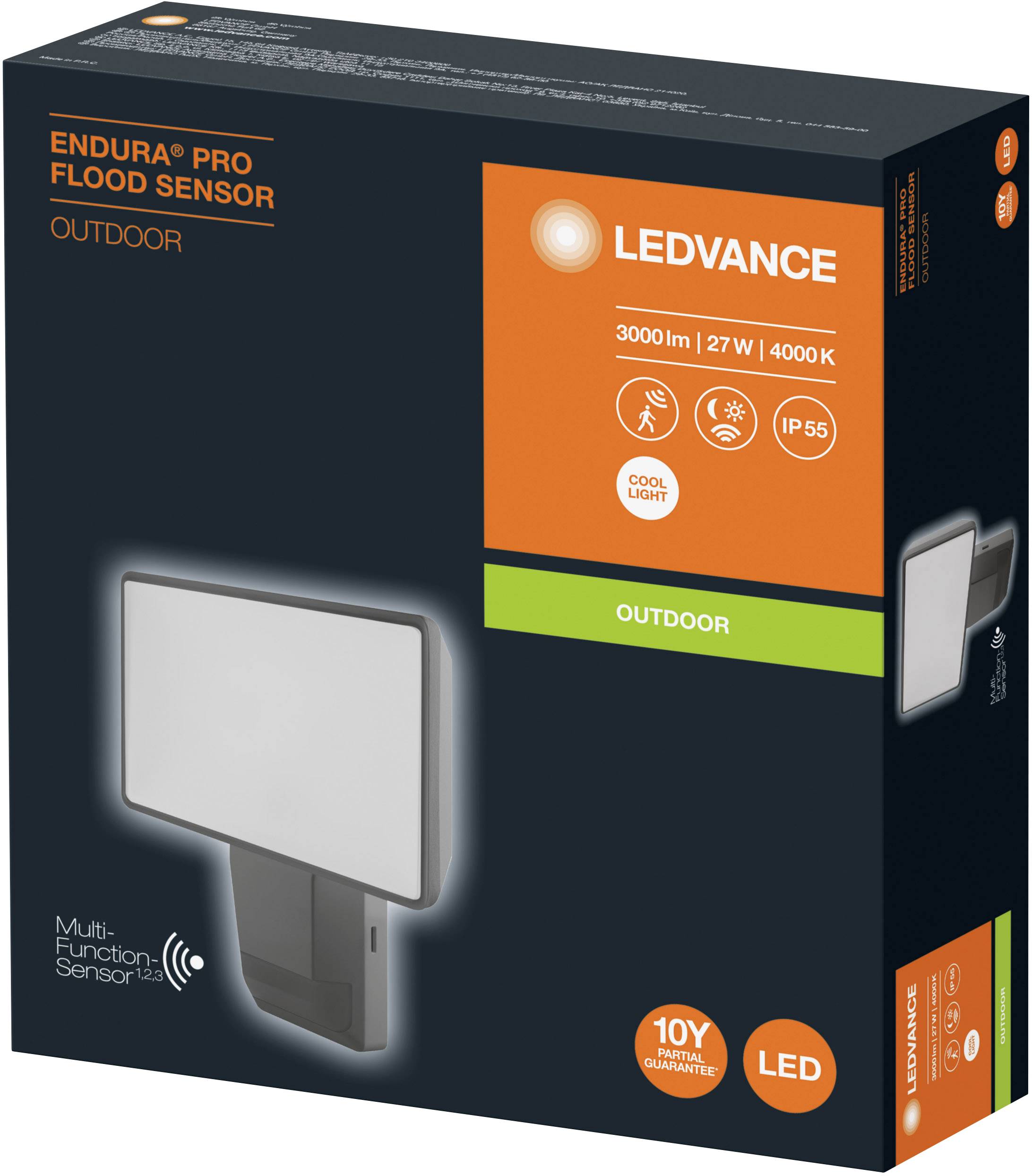 Die Verpackung zeigt den 'LEDVANCE Endura Pro Flood Sensor Outdoor', eine Außenlampe mit 3000lm, 27W, 4000K, IP55, inklusive Sensorfunktion.