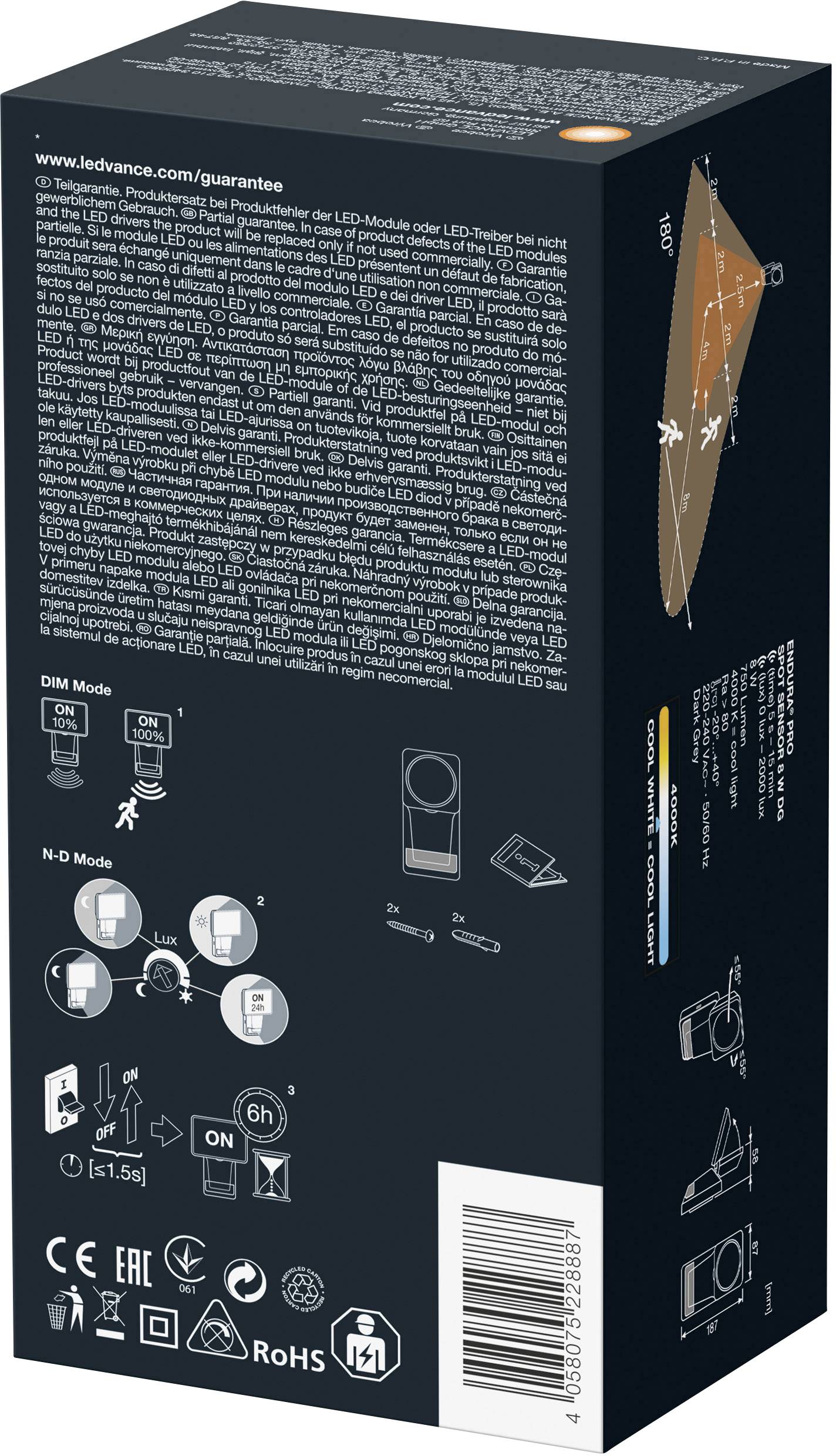 Schwarze Verpackung einer LED-Lampe mit technischen Spezifikationen, Symbolen für Betriebsmodi, Energiesparinformationen und Montagehinweisen.