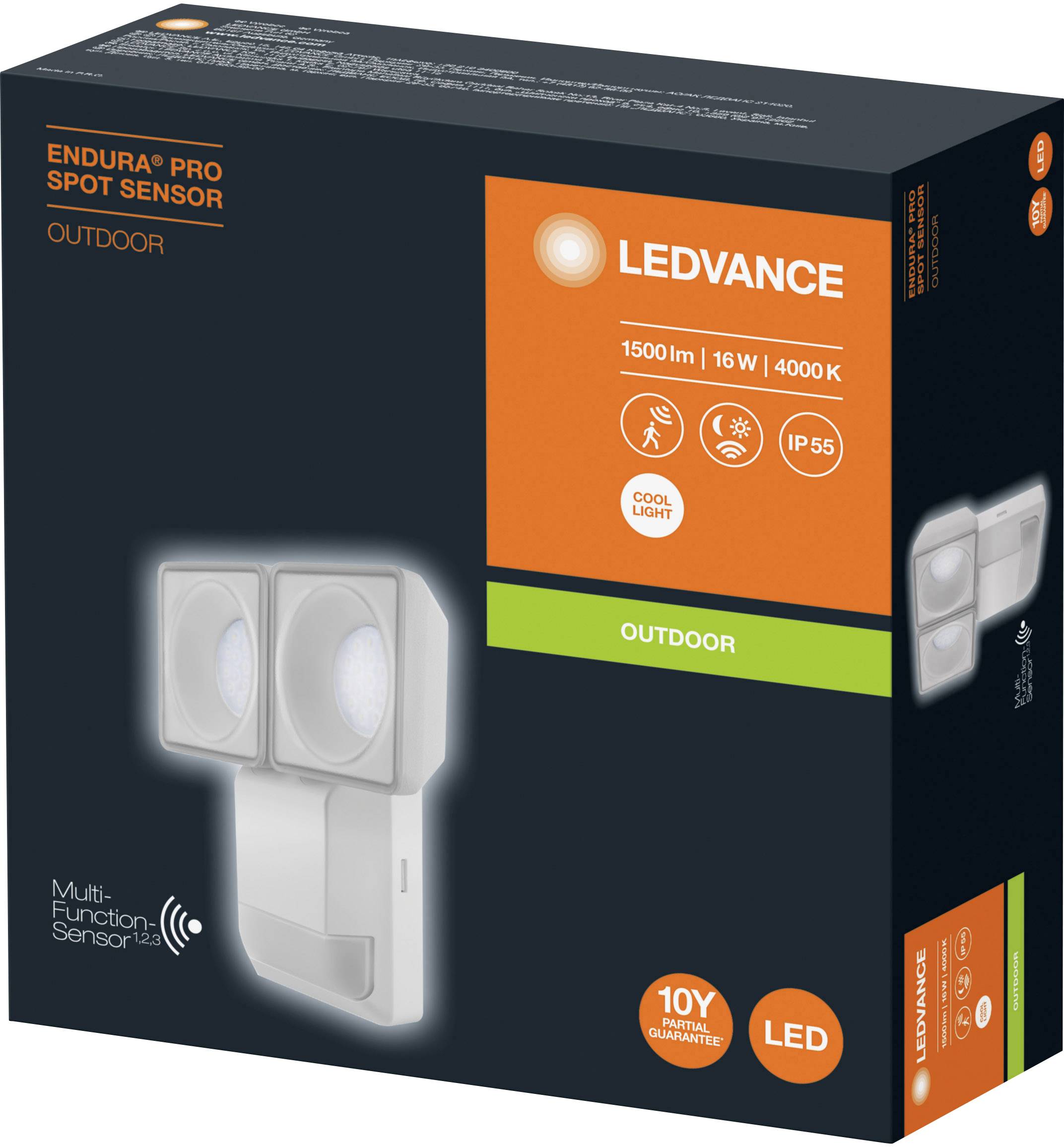 'LEDVANCE Endura Pro Spot Sensor Outdoor' Verpackung. Enthält LED-Leuchte mit 1500 lm, 16 W, 4000K, IP55, 10 Jahre Garantie, Cool Licht.