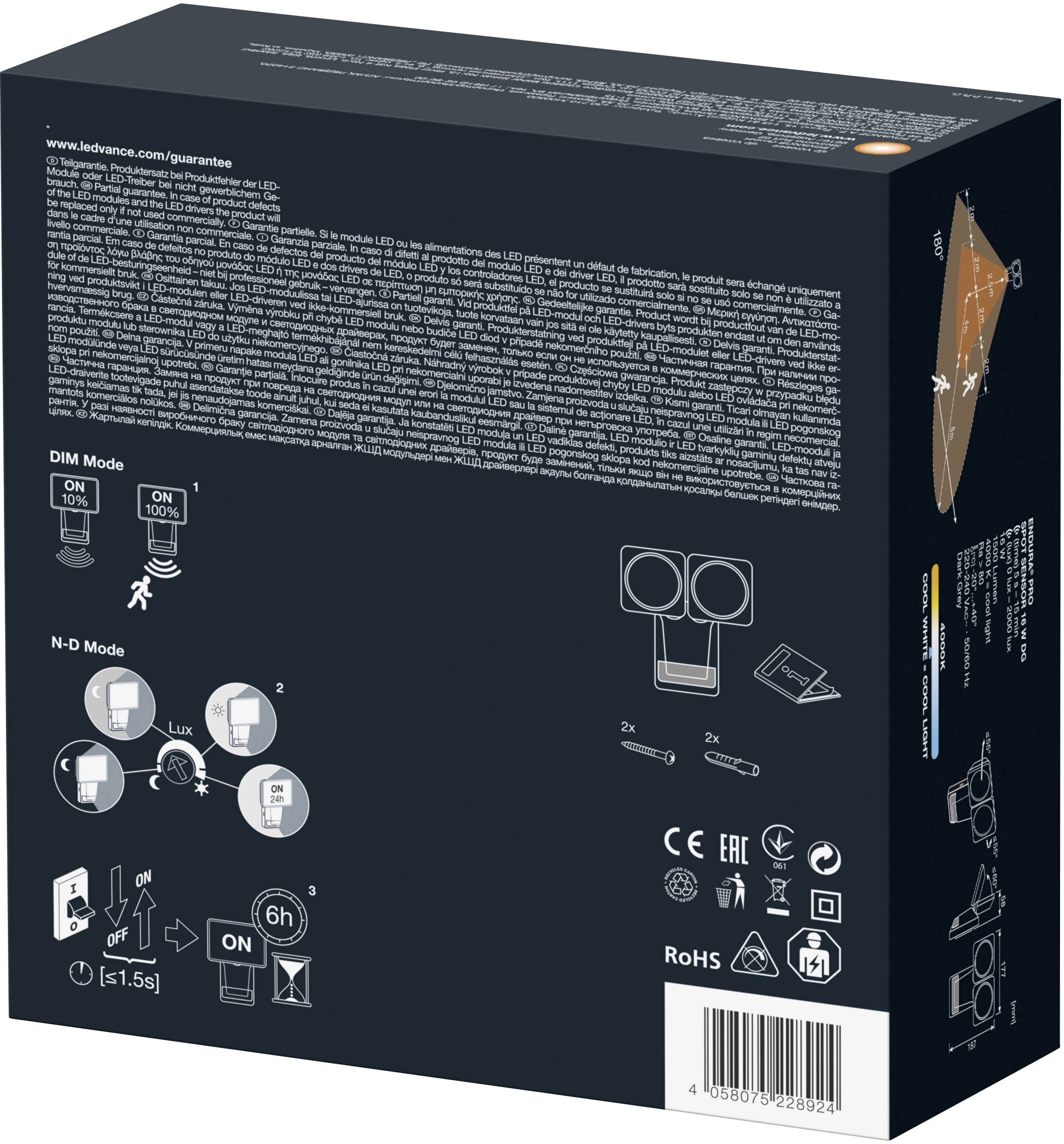 Verpackung einer LED-Außenleuchte mit Bewegungsmelder. Zeigt technische Zeichnungen der Montage und Funktionen wie DIM und N-D Modus.