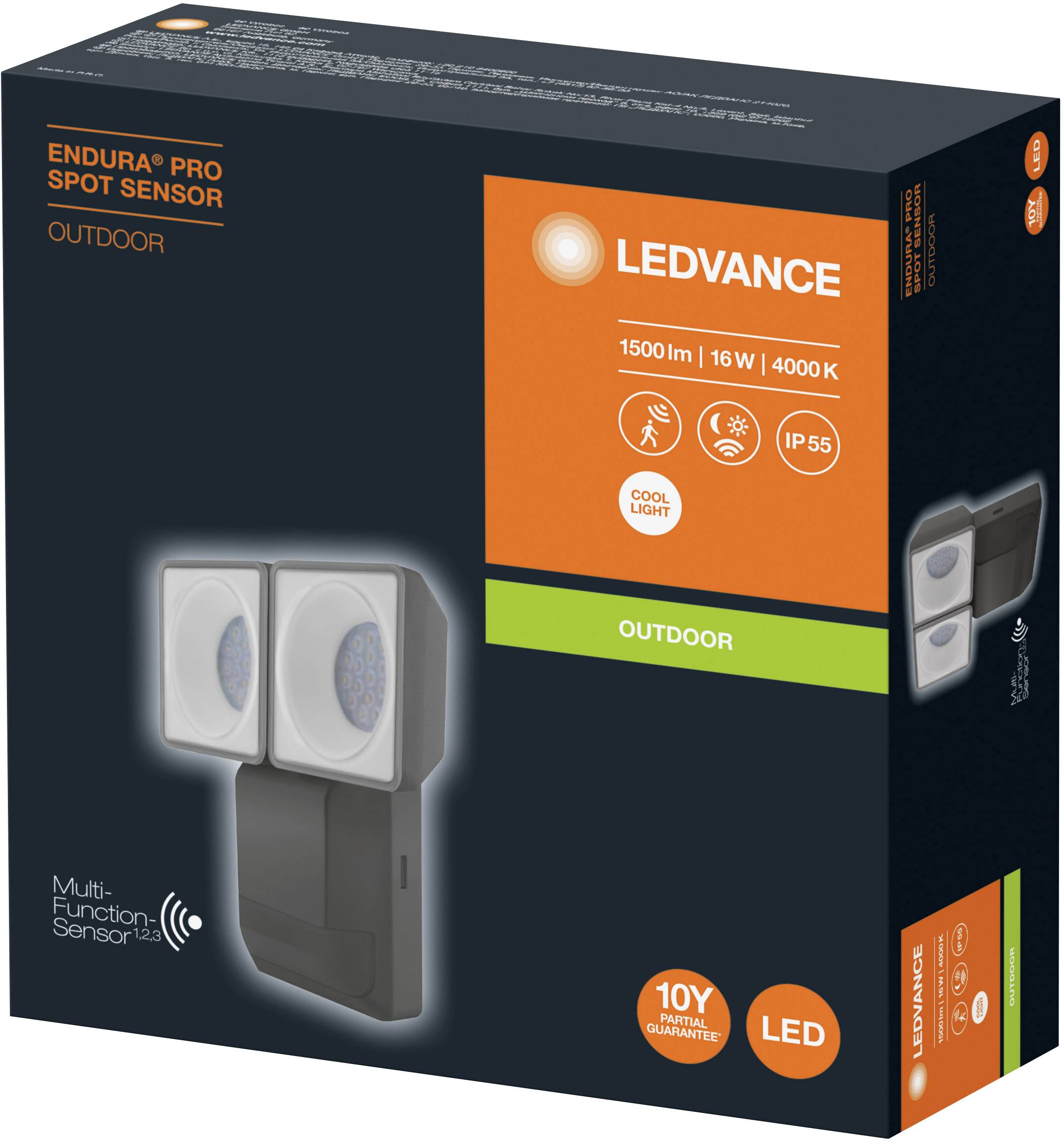 Außenleuchte mit Bewegungssensor von Ledvance, 1500 Lumen, 16W, 4000K, IP55, geeignet für den Außenbereich, 10 Jahre Garantie.