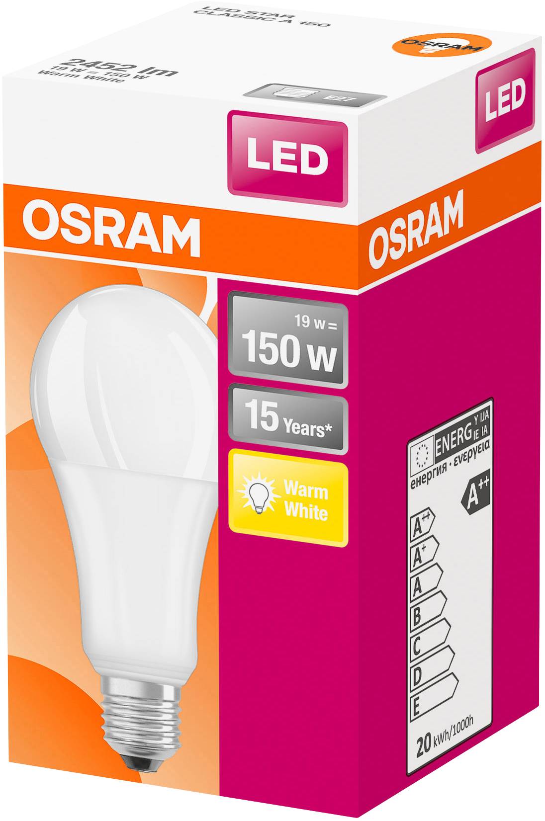 Verpackung einer OSRAM LED-Glühbirne, 150 W Äquivalent, 19 W Verbrauch, 15 Jahre Lebensdauer, warmweißes Licht, Energieklasse A++.