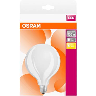 Eine OSRAM LED-Glühbirne, 11 Watt, entspricht 100 Watt, mit warmweißem Licht und einer Lebensdauer von 15 Jahren in einer Verpackung.