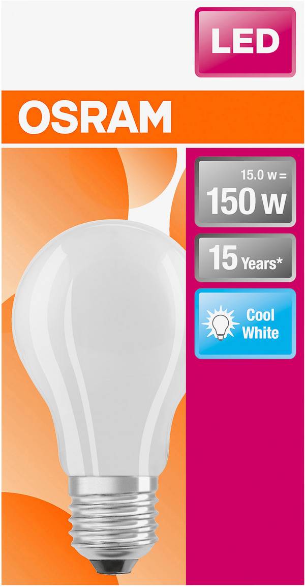 OSRAM HOMELIGHTING 4058075305038 LED EEK D (A - G) E27 Glühlampenform 17 W = 150 W Kaltweiß (Ø x L) 70.0 mm x 118 mm 1 St.