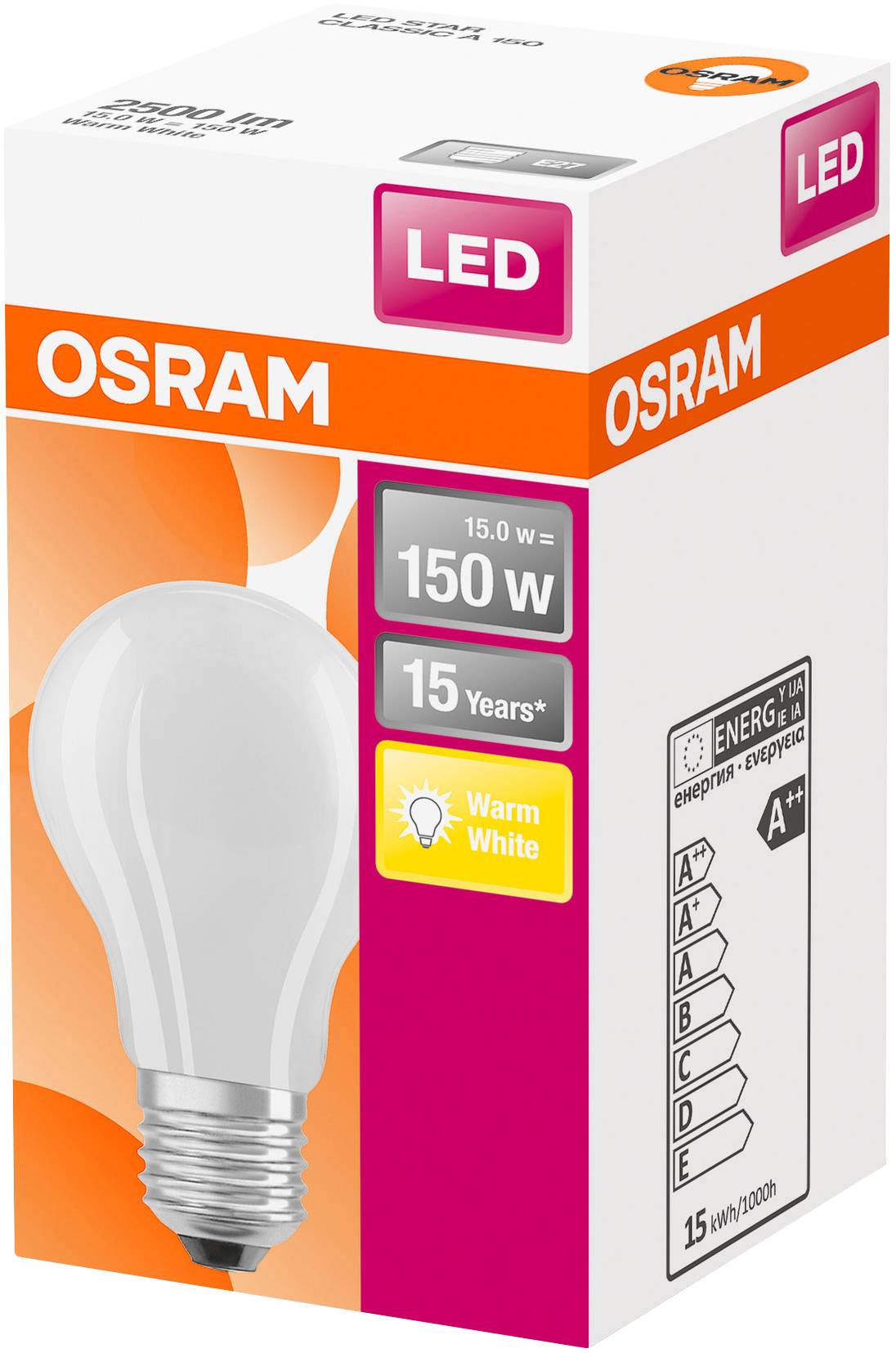 Verpackung einer LED-Glühbirne der Marke OSRAM mit 150 Watt, 15 Jahre Lebensdauer, warmweißes Licht. Energieklasse A++.