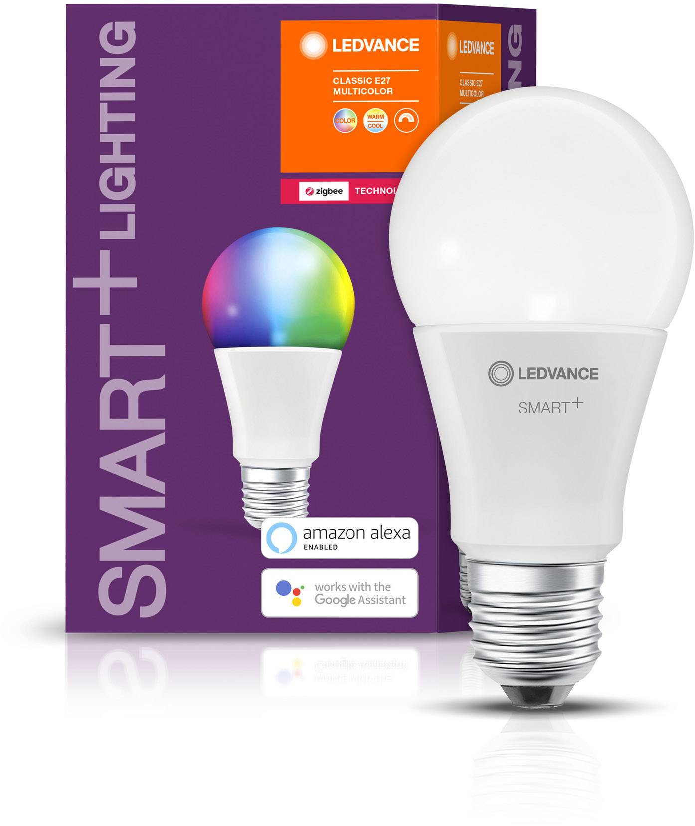 'LED-Lampe SMART+ von Ledvance', E27-Multicolor, steuerbar mit Amazon Alexa und Google Assistant, abgebildet mit Verpackung.