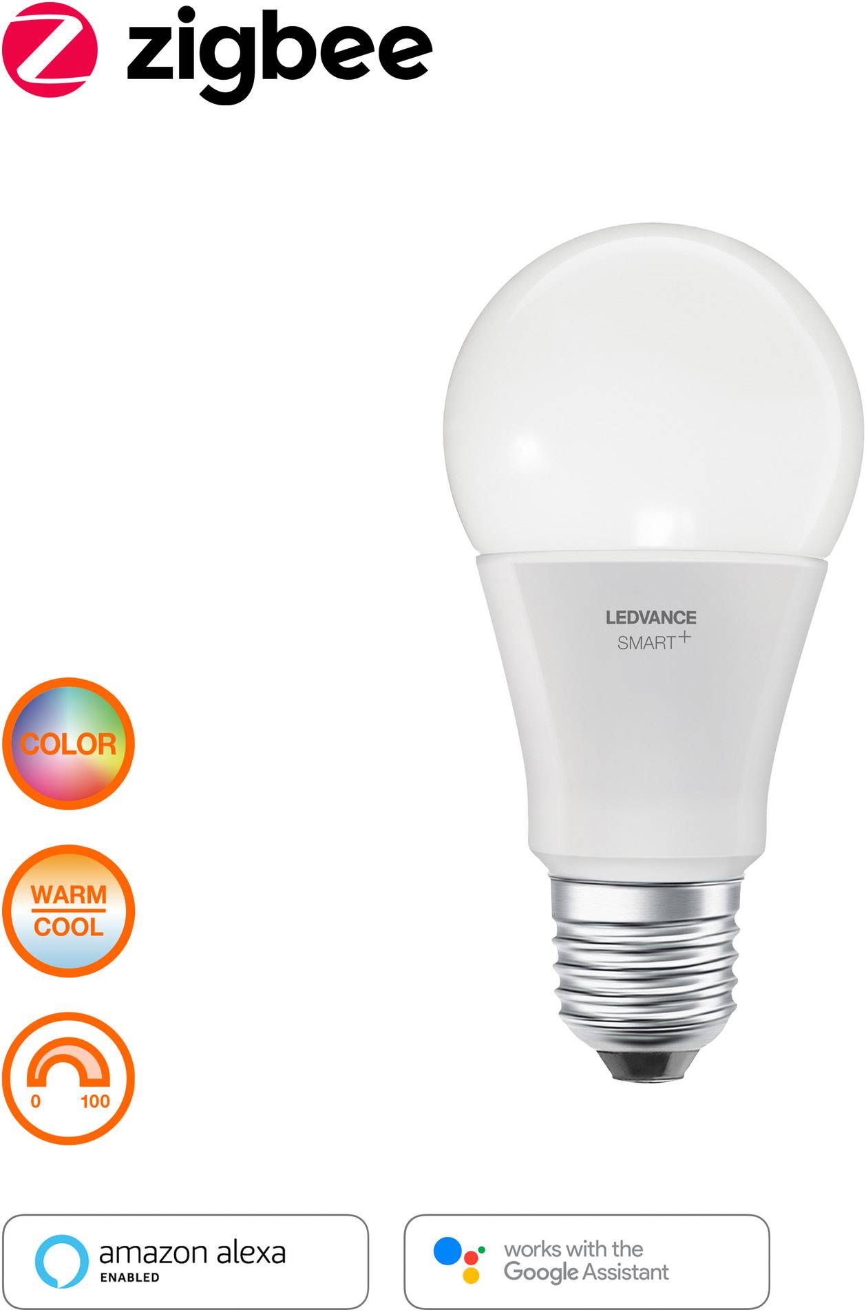 Eine LED-Glühbirne kompatibel mit Zigbee, Amazon Alexa und Google Assistant. Farb- und Temperaturregelung von warm bis kühl.