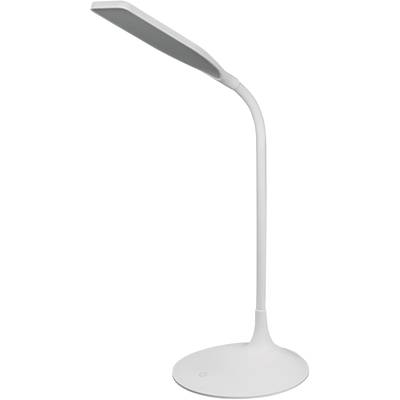 Eine moderne, minimalistische weiße Tischlampe mit flexiblem Hals, geeignet für Schreibtischbeleuchtung in einem Büro oder Zuhause.