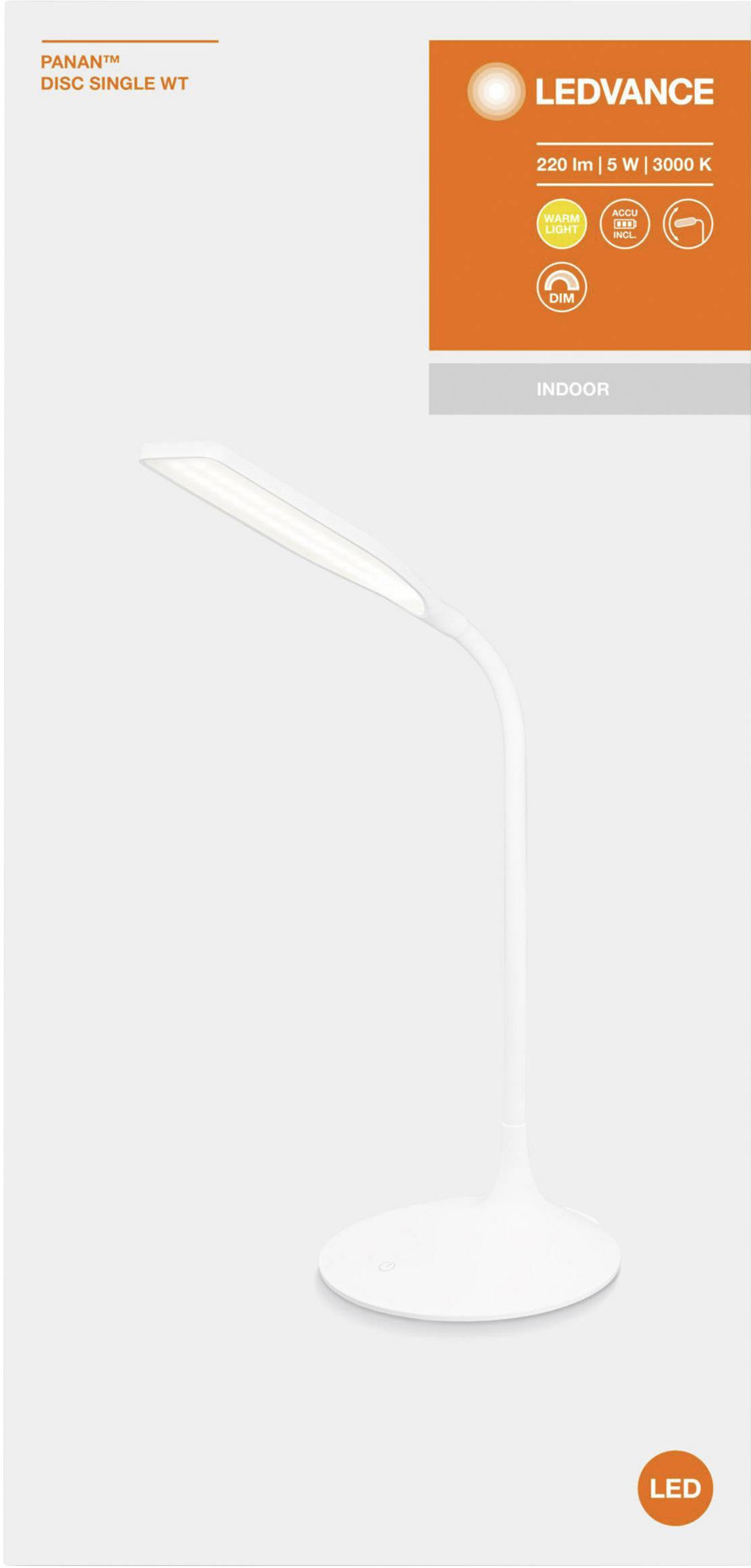 Eine weiße LED-Tischlampe mit gebogenem Arm auf grauem Hintergrund. Oben rechts: 'LEDVANCE', 220 lm, 5 W, 3000 K.