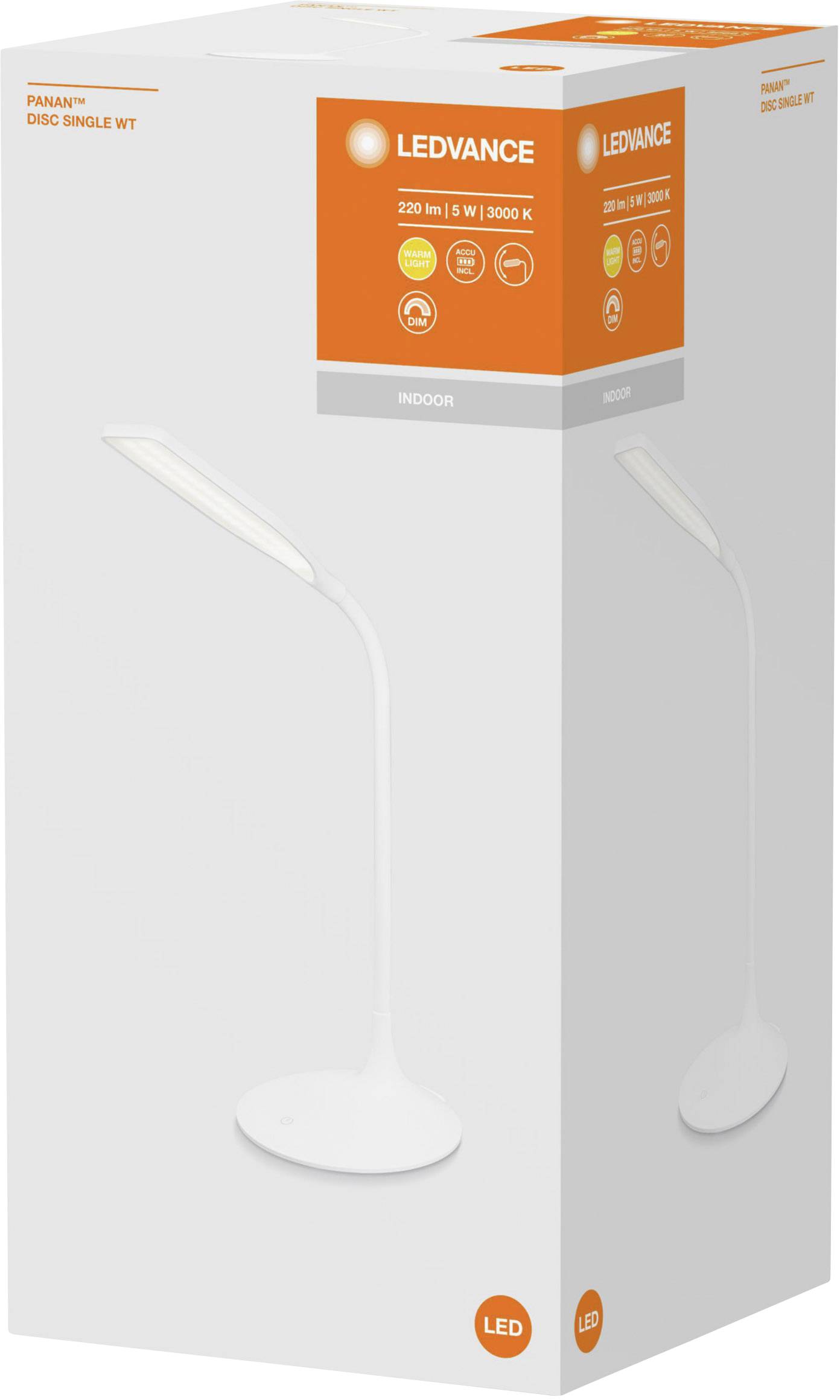 Eine weiße LED-Tischlampe auf der Verpackung in orange-grauer Gestaltung. Marke: LEDVANCE, Modell: PANAN, 220 lm, 5 W, 3000 K.