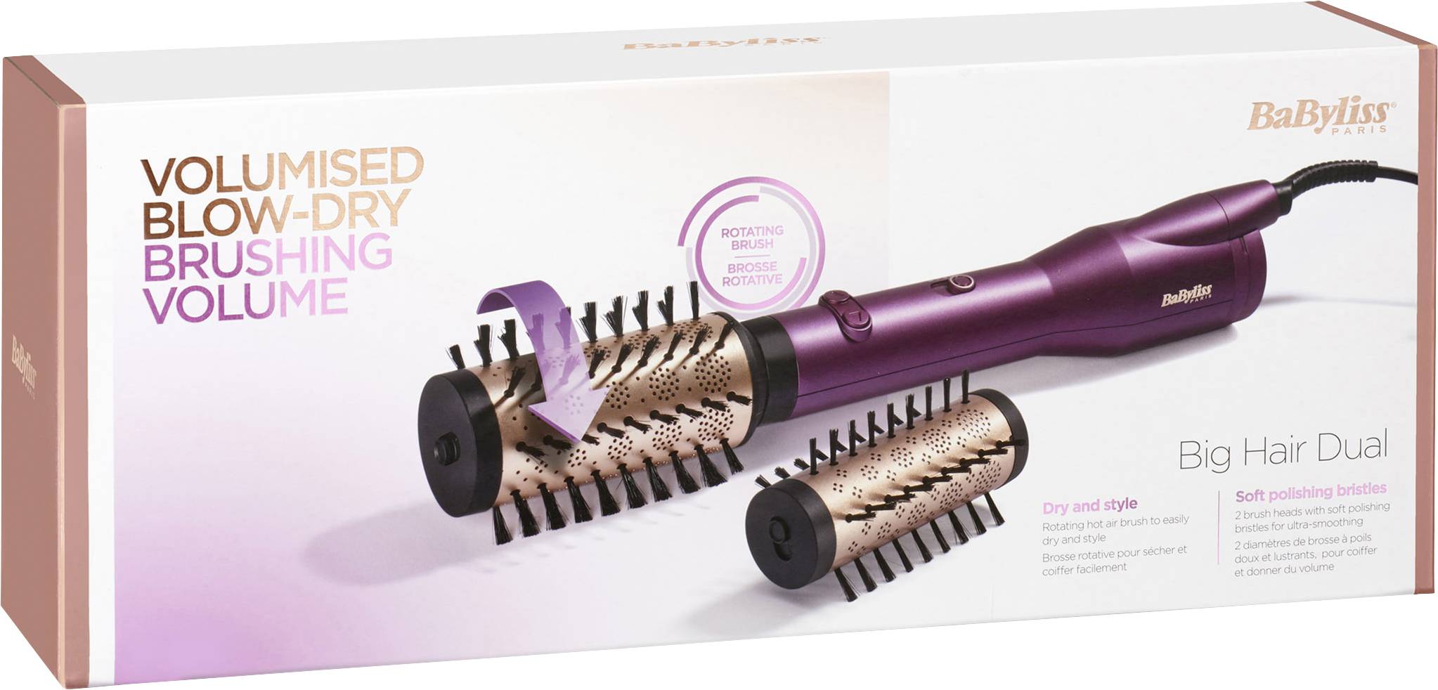 BaByliss Big Hair Dual, Heißluftbürste, Warm, Schwarz, Roségold, Violett, China, 2,5 m, 650 W-6