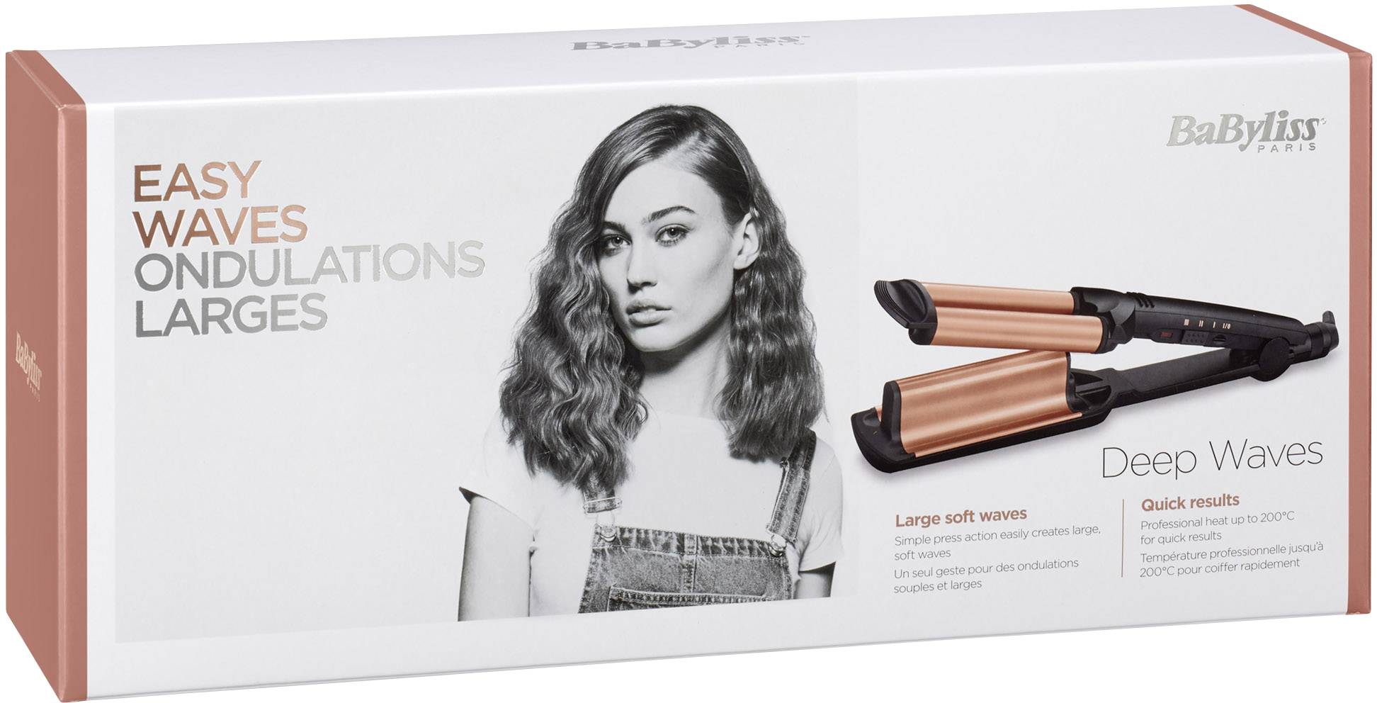 Box mit Bild eines Lockenstabs und einer Frau mit welligem Haar. Der Text 'Easy Waves' und 'Deep Waves' ist lesbar.